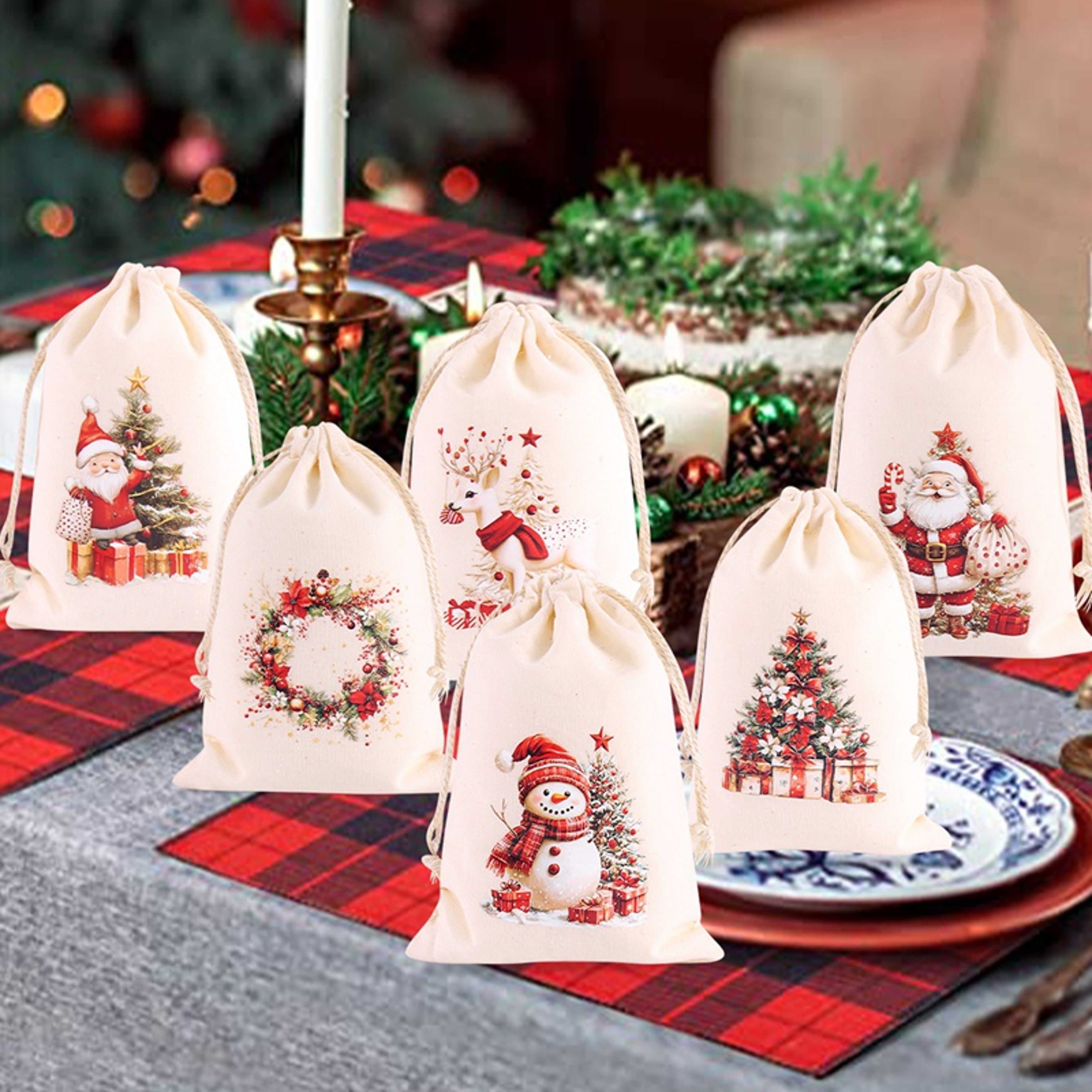 Burlap Gift Bags, Christmas Linen Drawstring, Candy Biscuits Pouchs, New Year Gift, Home Decor, Navidad Natal – view 5