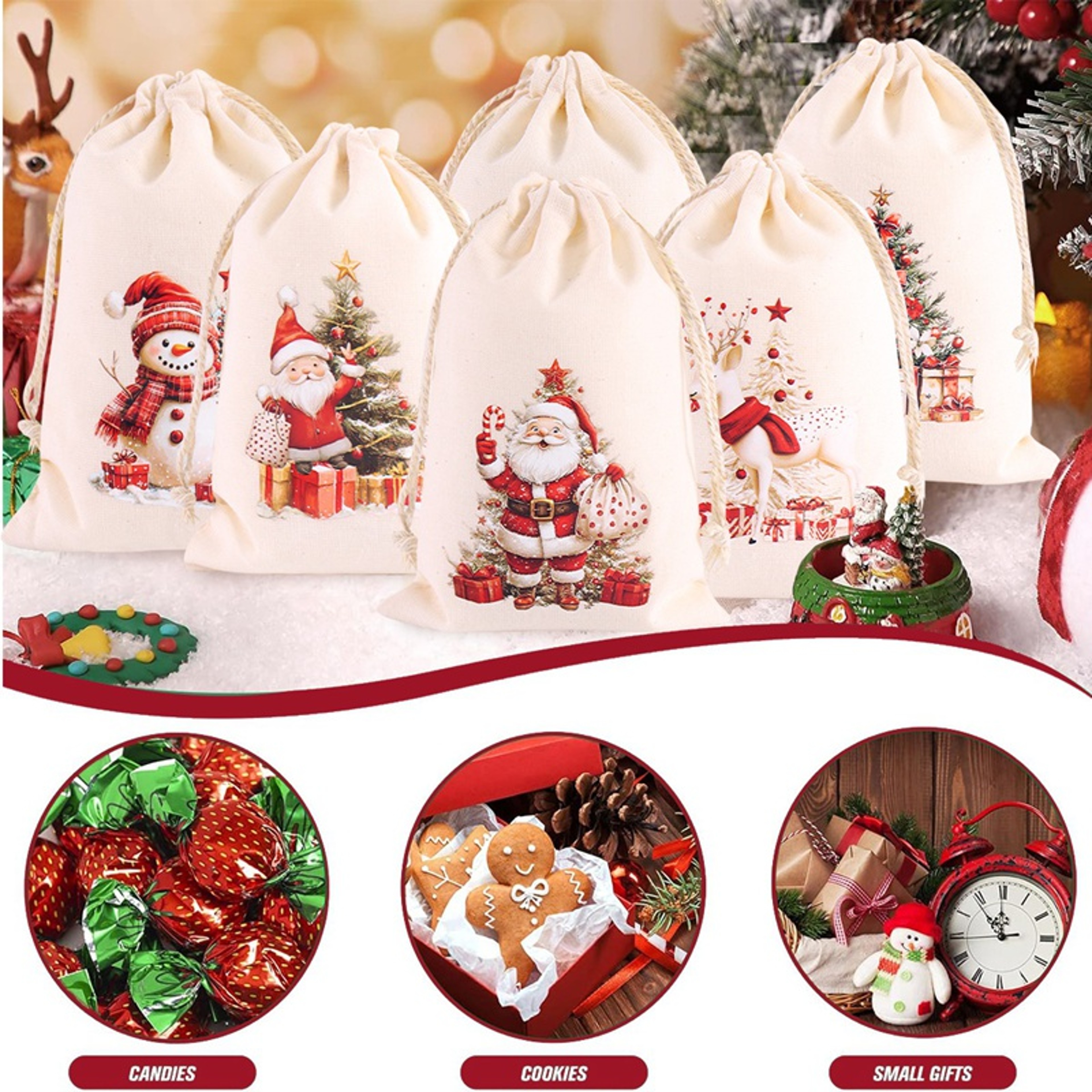 Burlap Gift Bags, Christmas Linen Drawstring, Candy Biscuits Pouchs, New Year Gift, Home Decor, Navidad Natal – view 6