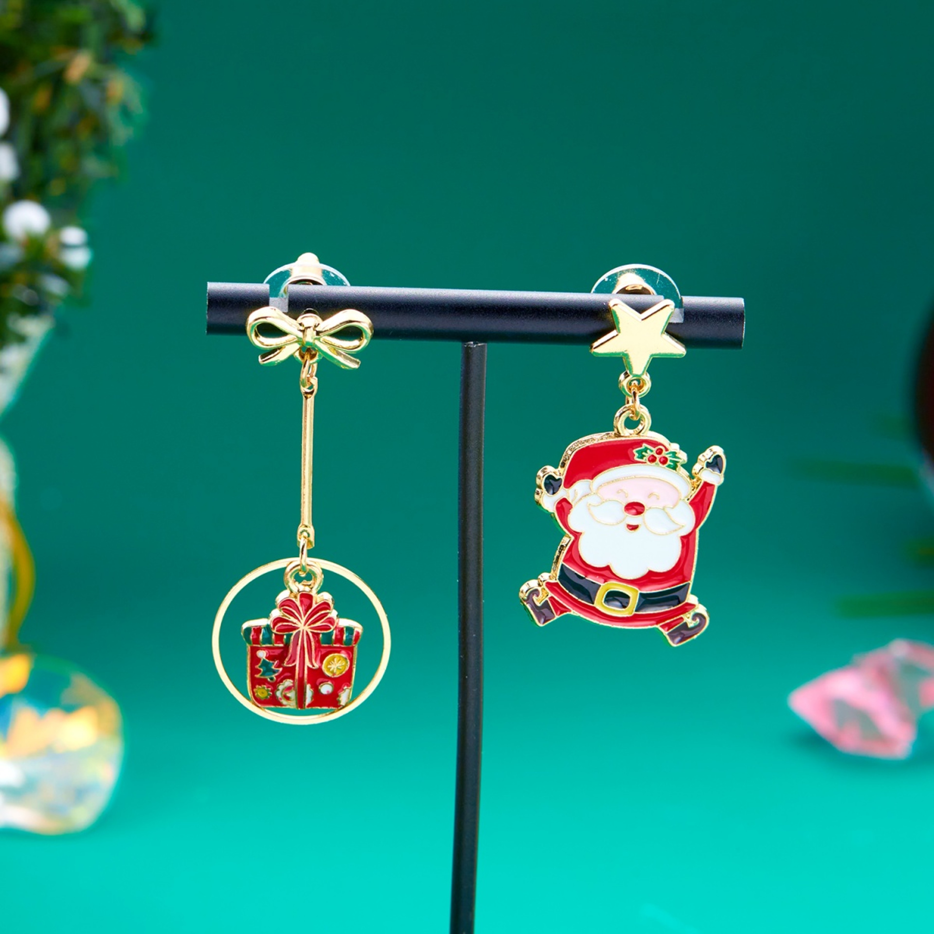 Cartoon Christmas Earrings, Enamel Santa Claus Bow Gift Box, Star Tassel Asymmetric Drop, Jewelry Party Gifts, For Women – view 4