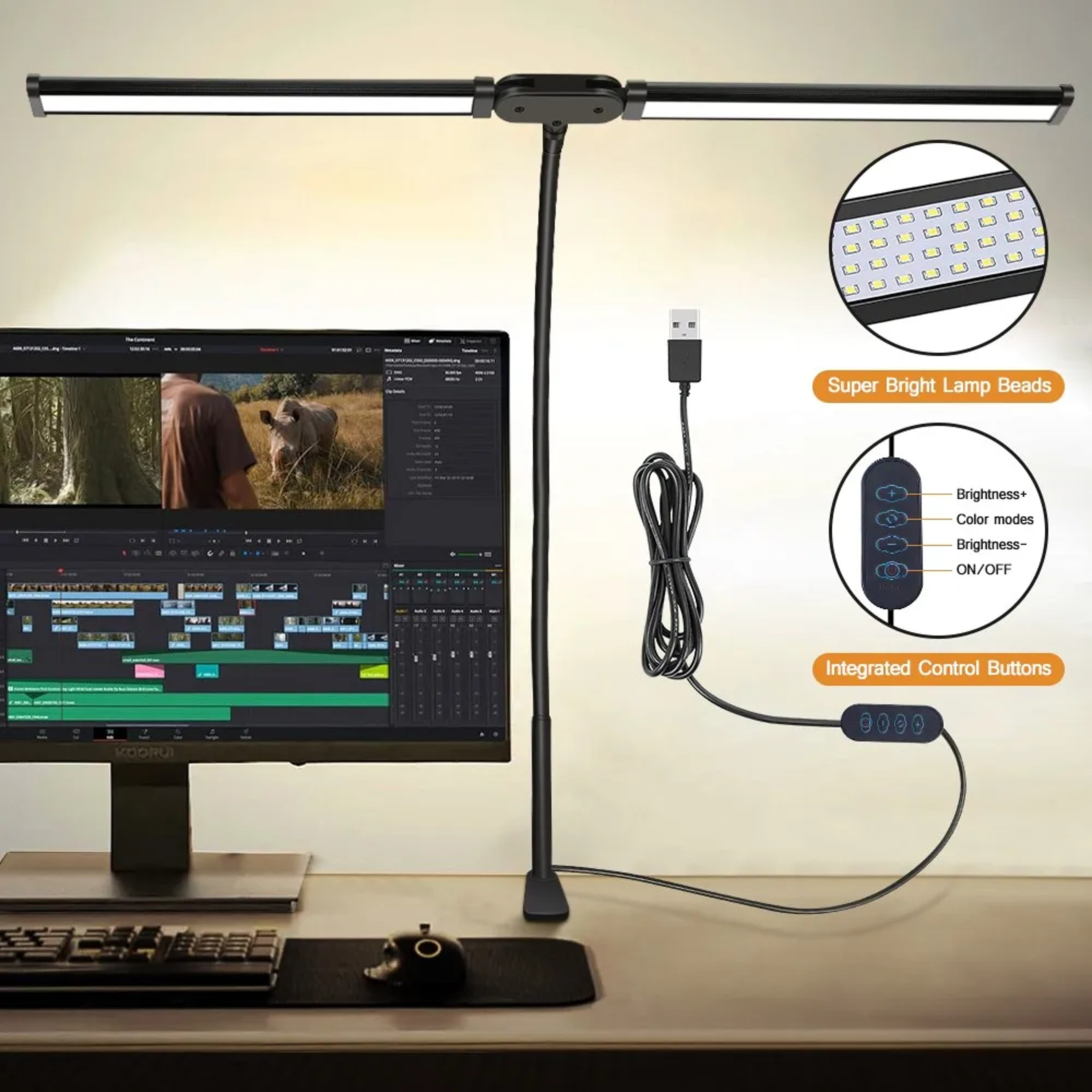 Architectural Desk Lamp with 5 Color Modes, Double Headed LED Clip Type Remote Control Reading Lamp – view 4