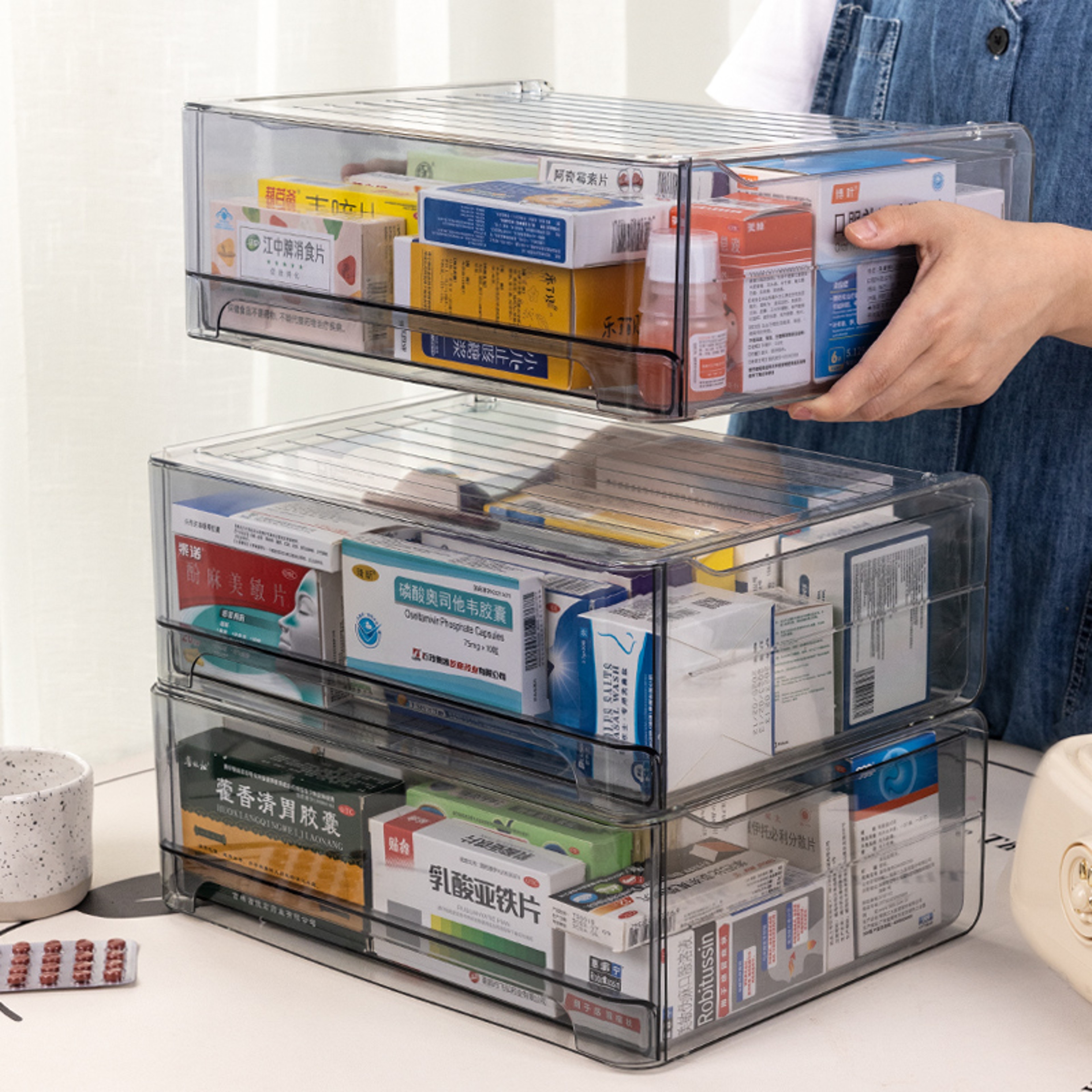 Large Capacity Gray Drawer Acrylic Medicine Storage Box PullOut Medicine Box Stackable Medicine Sor 3