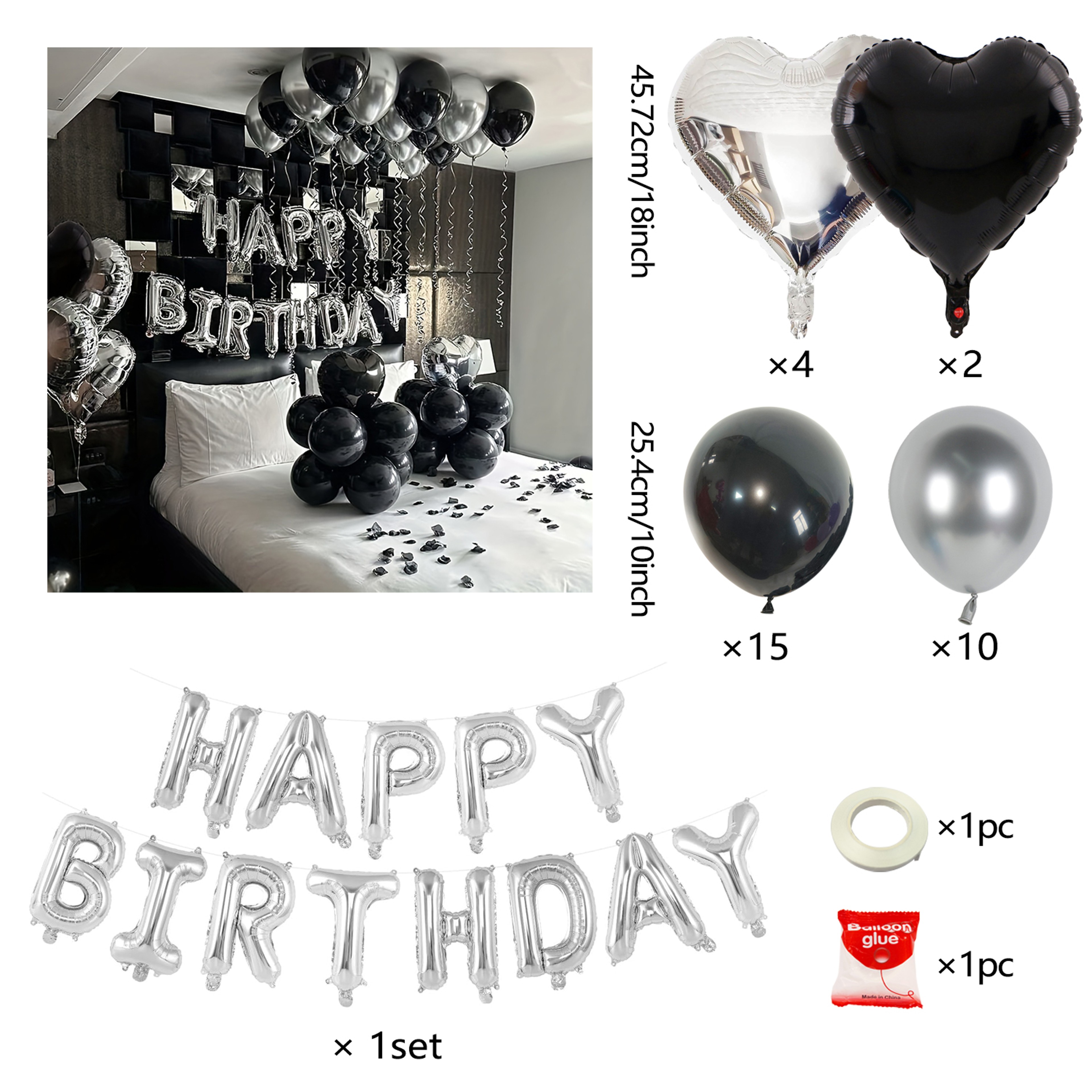 Silver Letter and Black and Silver Heart Balloons for Birthday Party Decorations – view 5