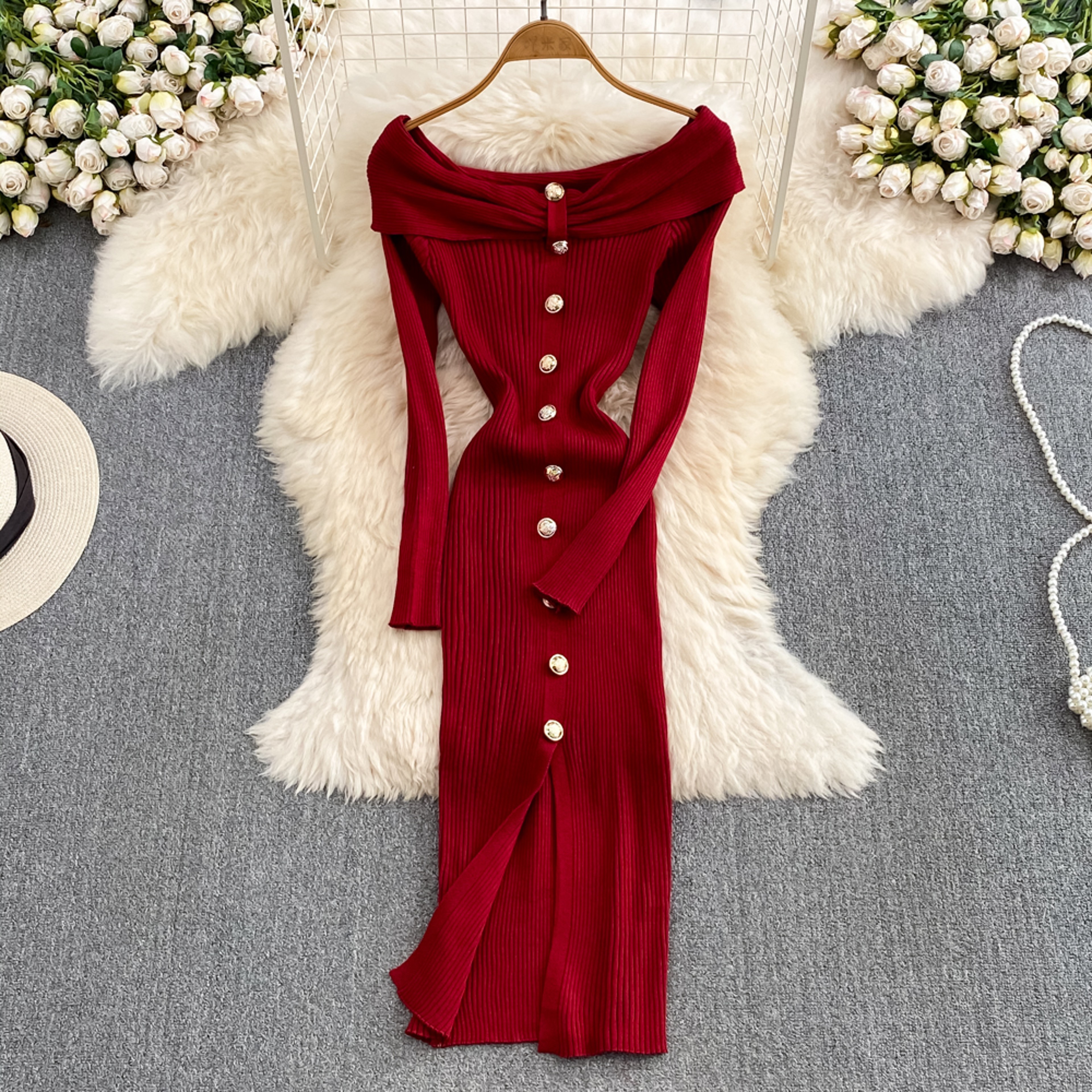 Womens Off Shoulder Knitted Bodycon Dress with Long Sleeves and Front Slit – view 1