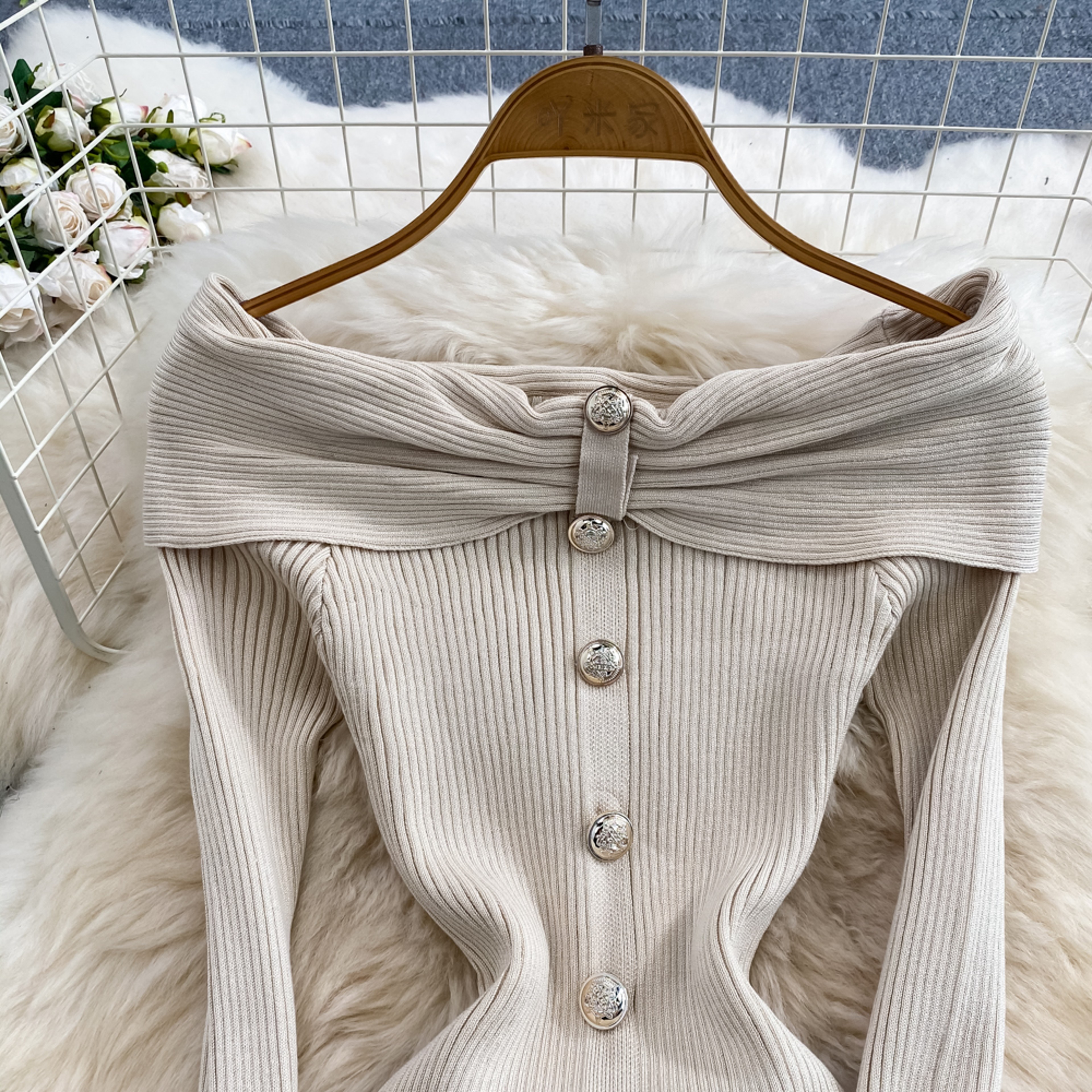 Womens Off Shoulder Knitted Bodycon Dress with Long Sleeves and Front Slit – view 5