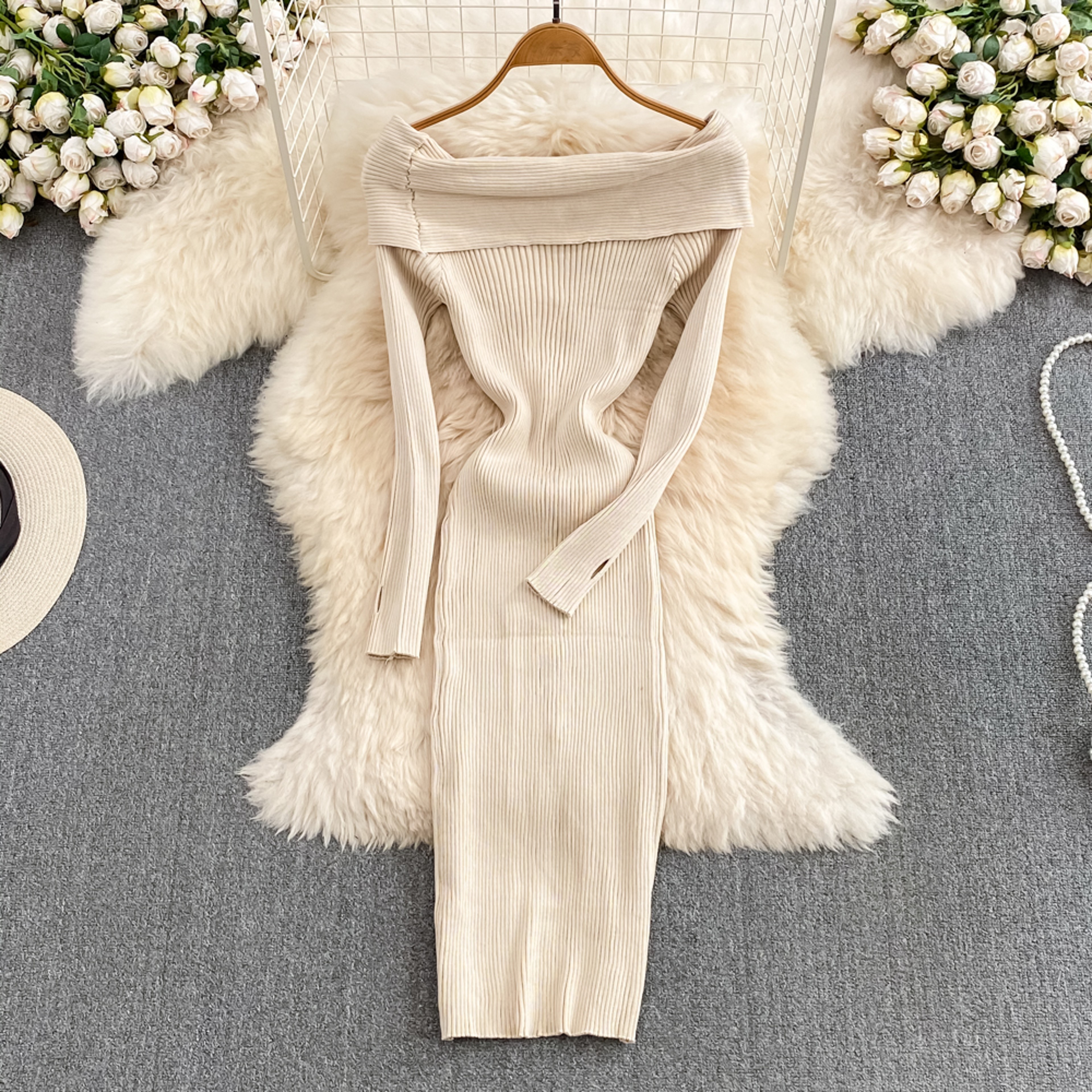 Womens Off Shoulder Knitted Bodycon Dress with Long Sleeves and Front Slit – view 4