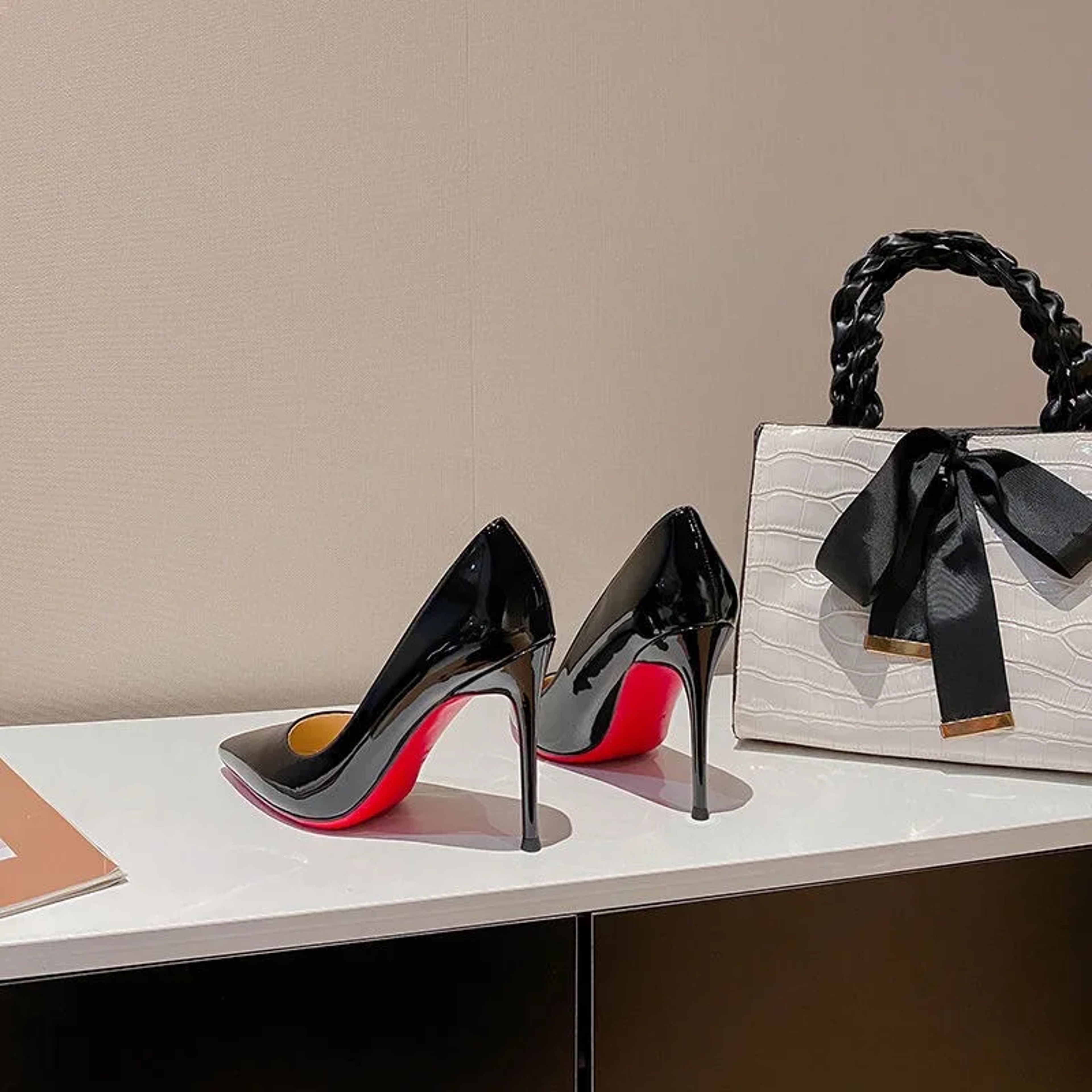 Womens Pointed Toe Stiletto Pumps with Shiny Black Finish and Red Soles – view 3