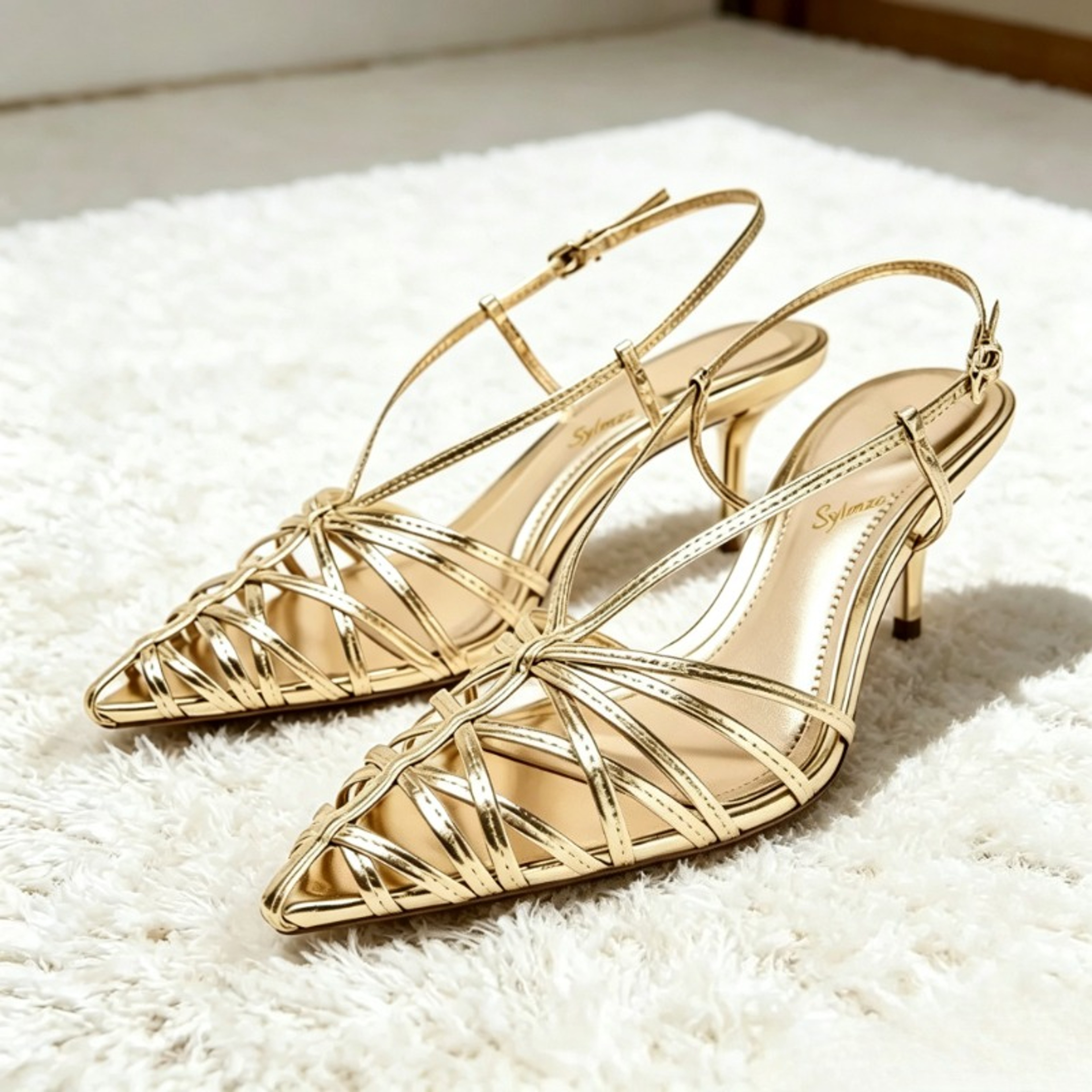 Womens Gold Pointed Toe Slingback High Heels With Buckle Straps 0