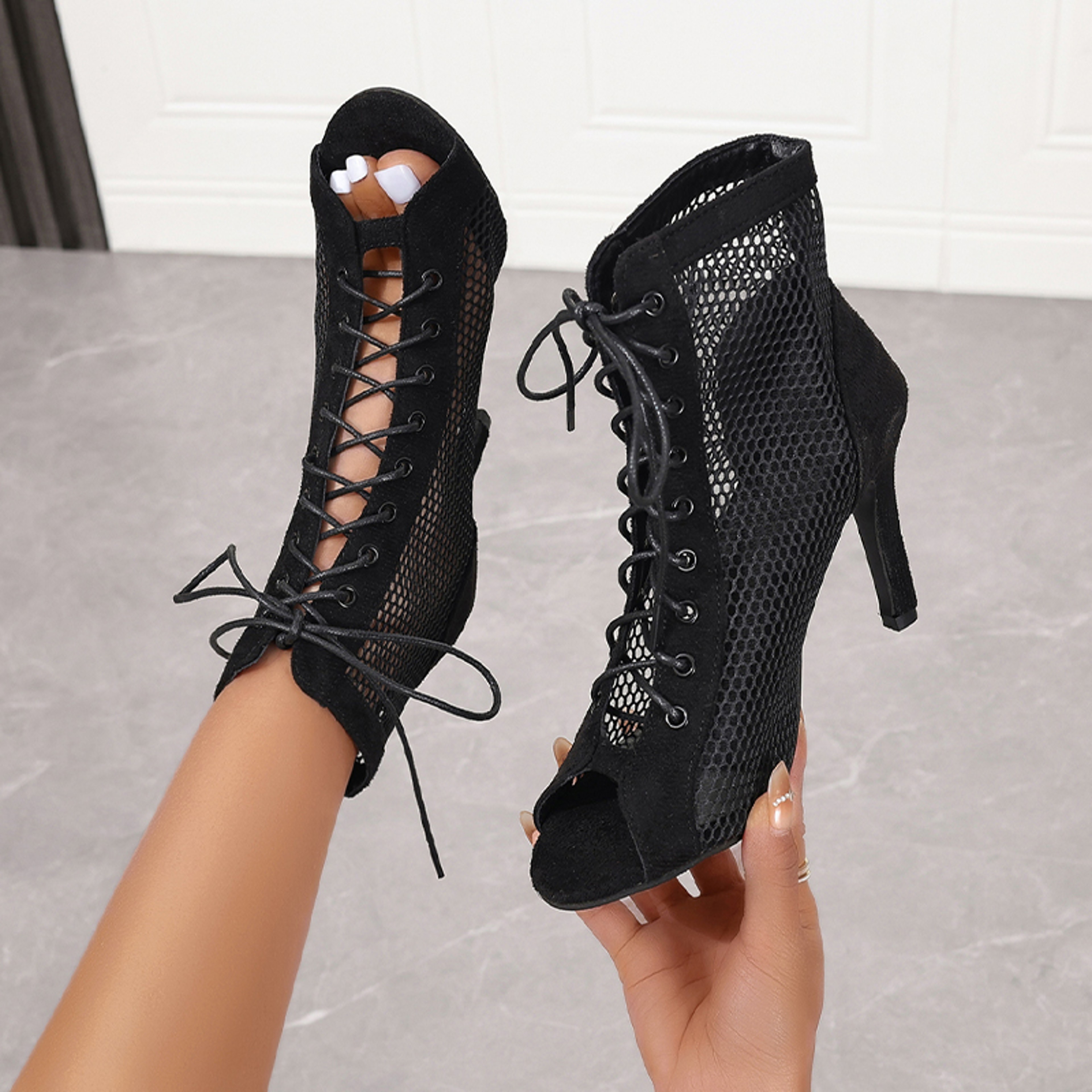 Womens High Top Mesh Dance Sandals with Peep Toe and Thin Heels – view 5