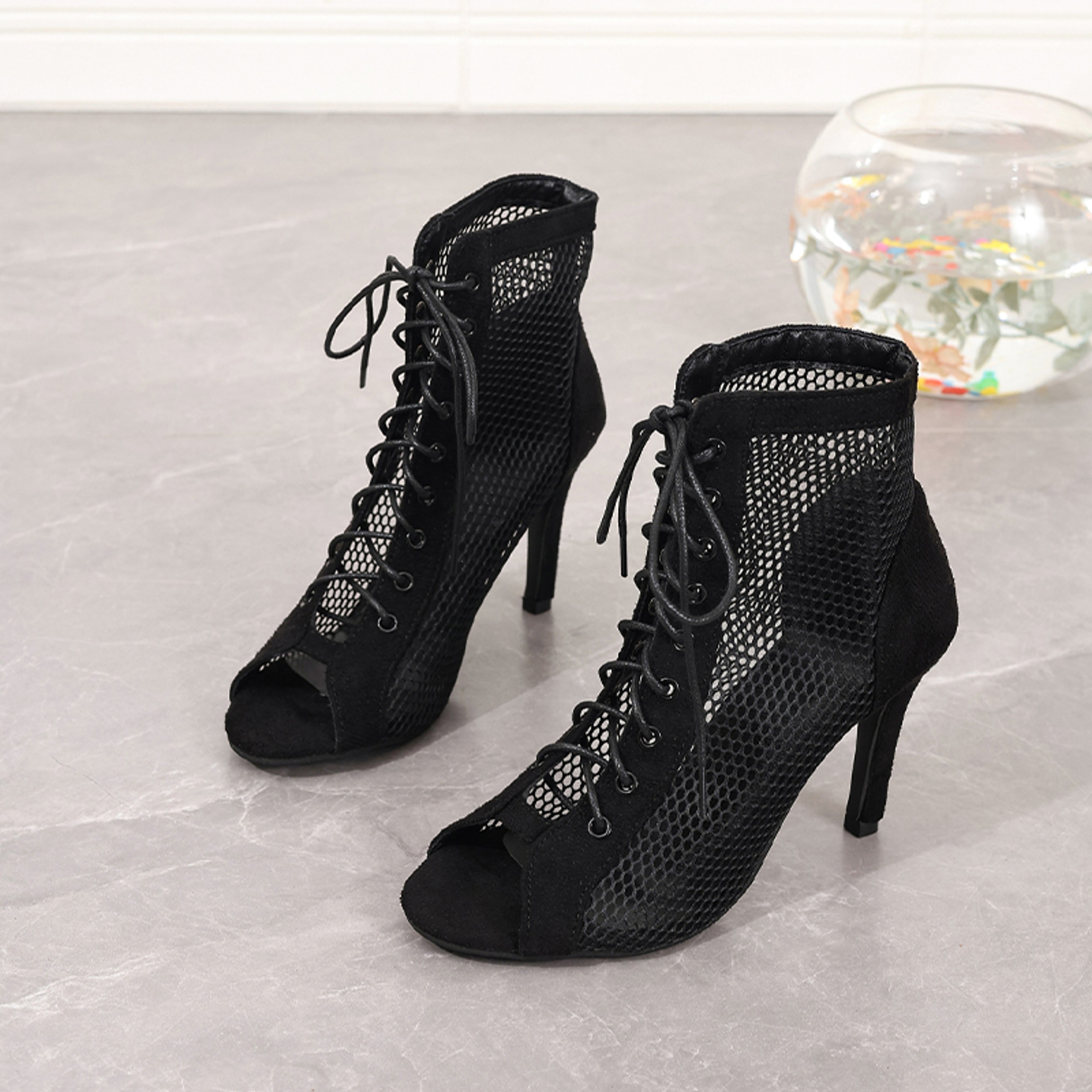 Womens High Top Mesh Dance Sandals with Peep Toe and Thin Heels – view 6
