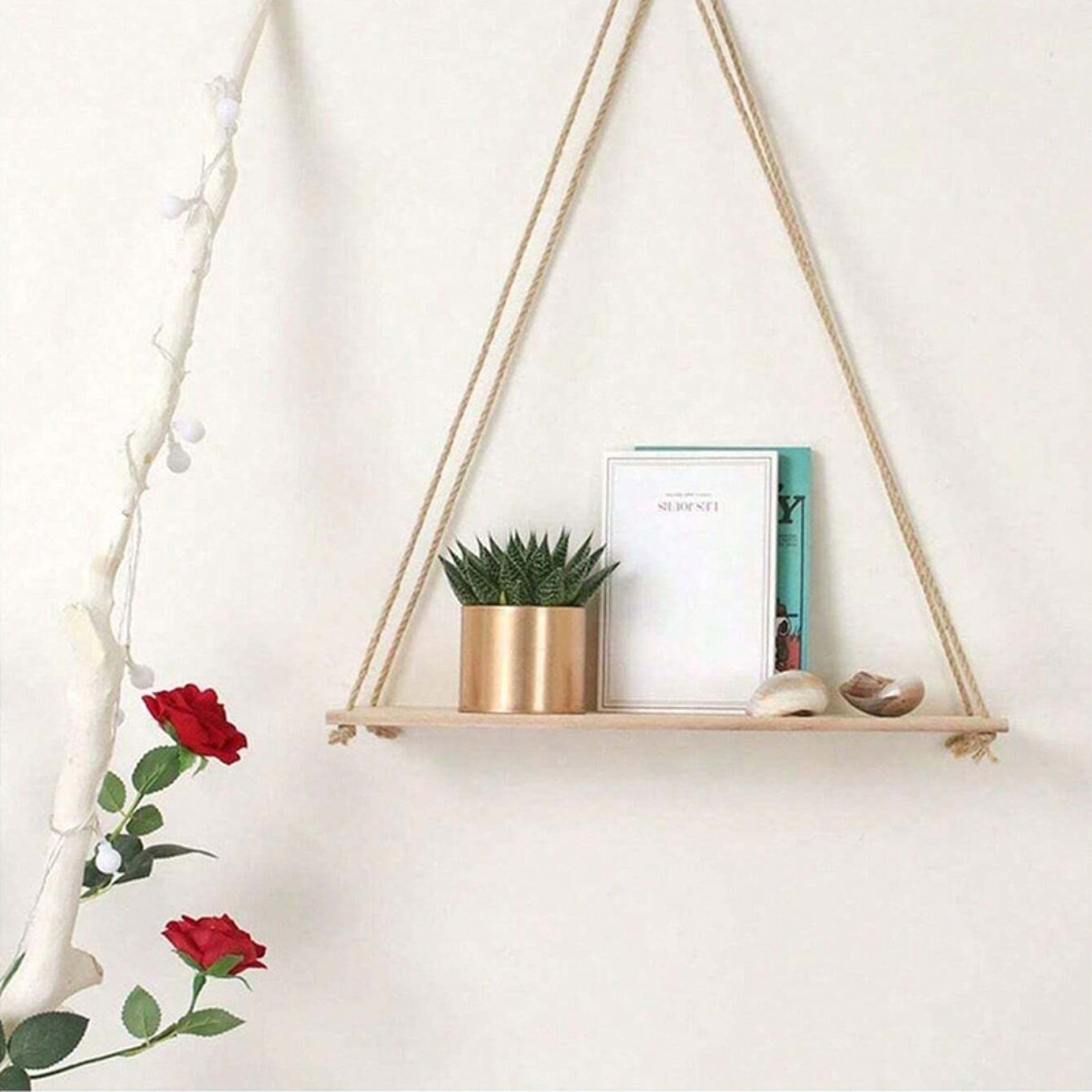 Wooden Hanging Swing Shelf with Hemp Rope for Plants and Home Decor – view 3
