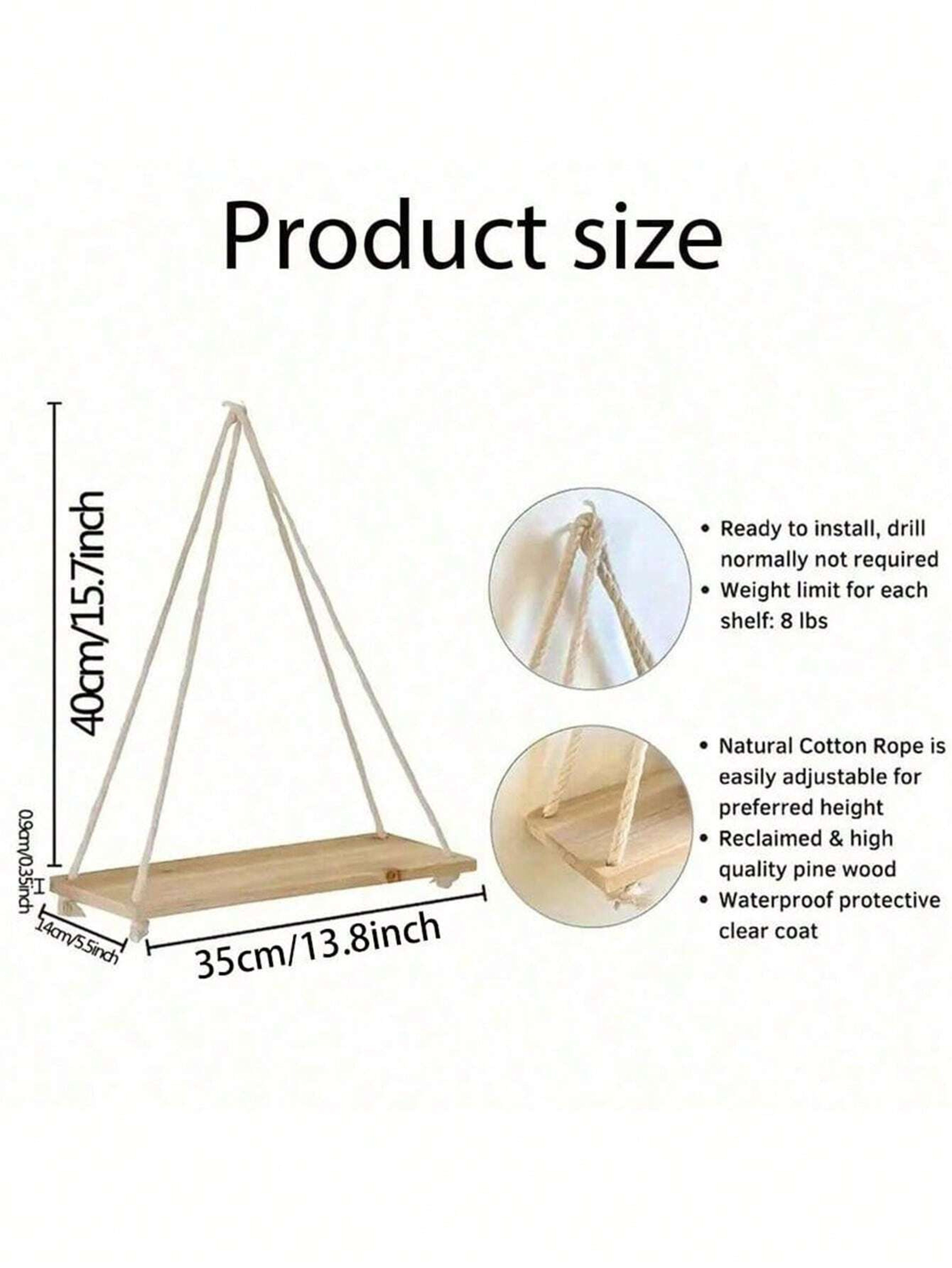 Wooden Hanging Swing Shelf with Hemp Rope for Plants and Home Decor – view 5