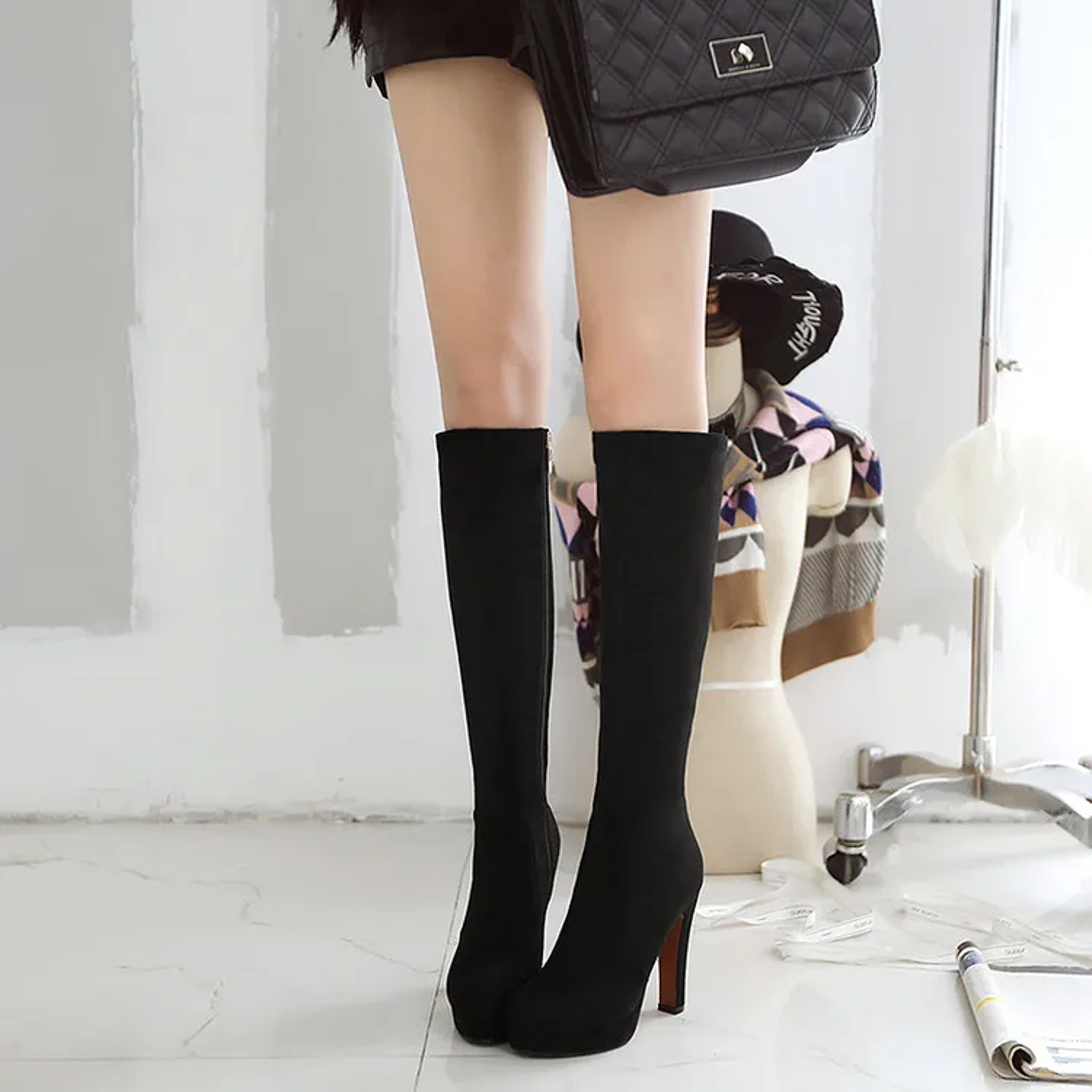 Womens Knee High Platform Boots With Square Heels And Zipper Closure 7