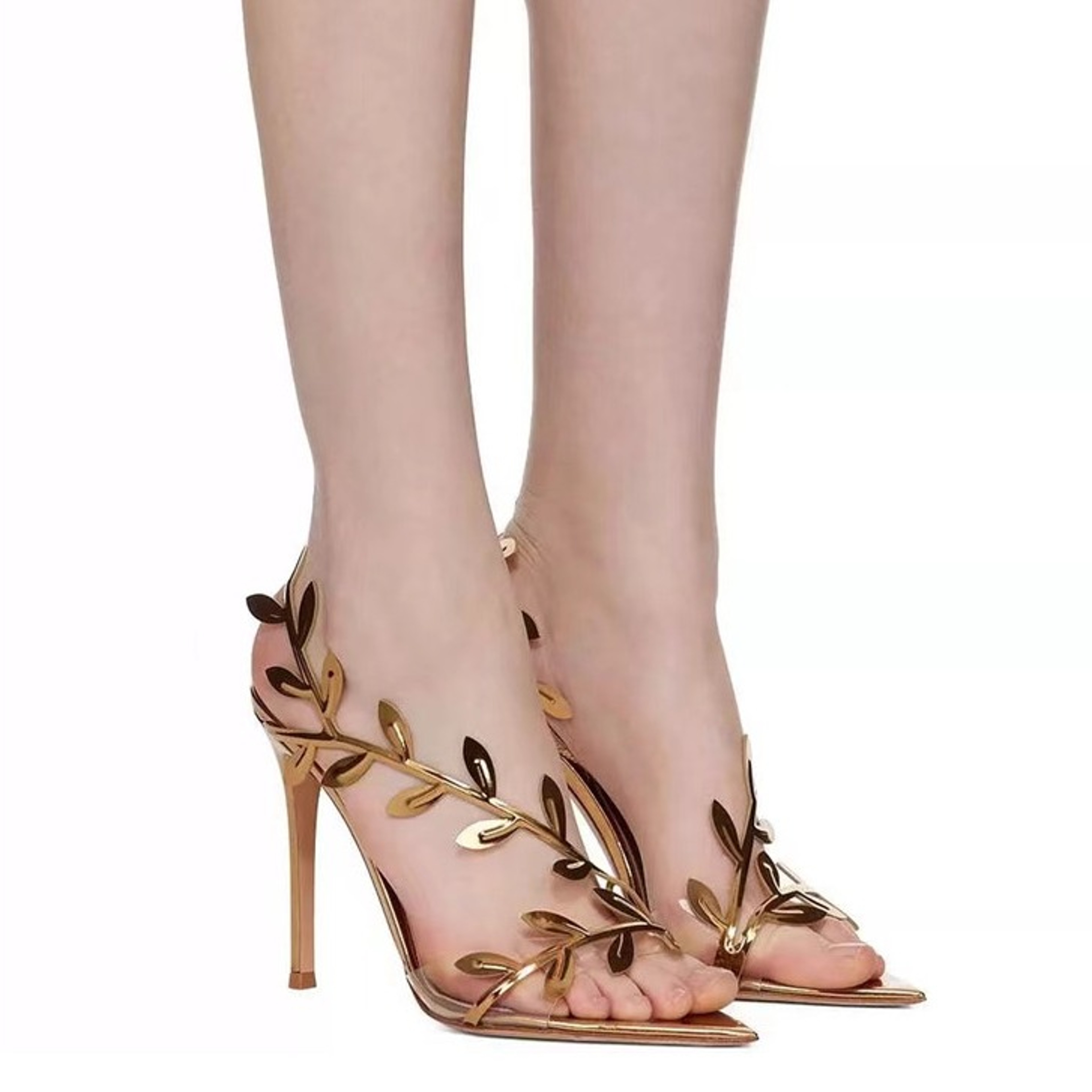 Womens Gold Gladiator High Heel Sandals with Pointed Toe and Back Strapjpg