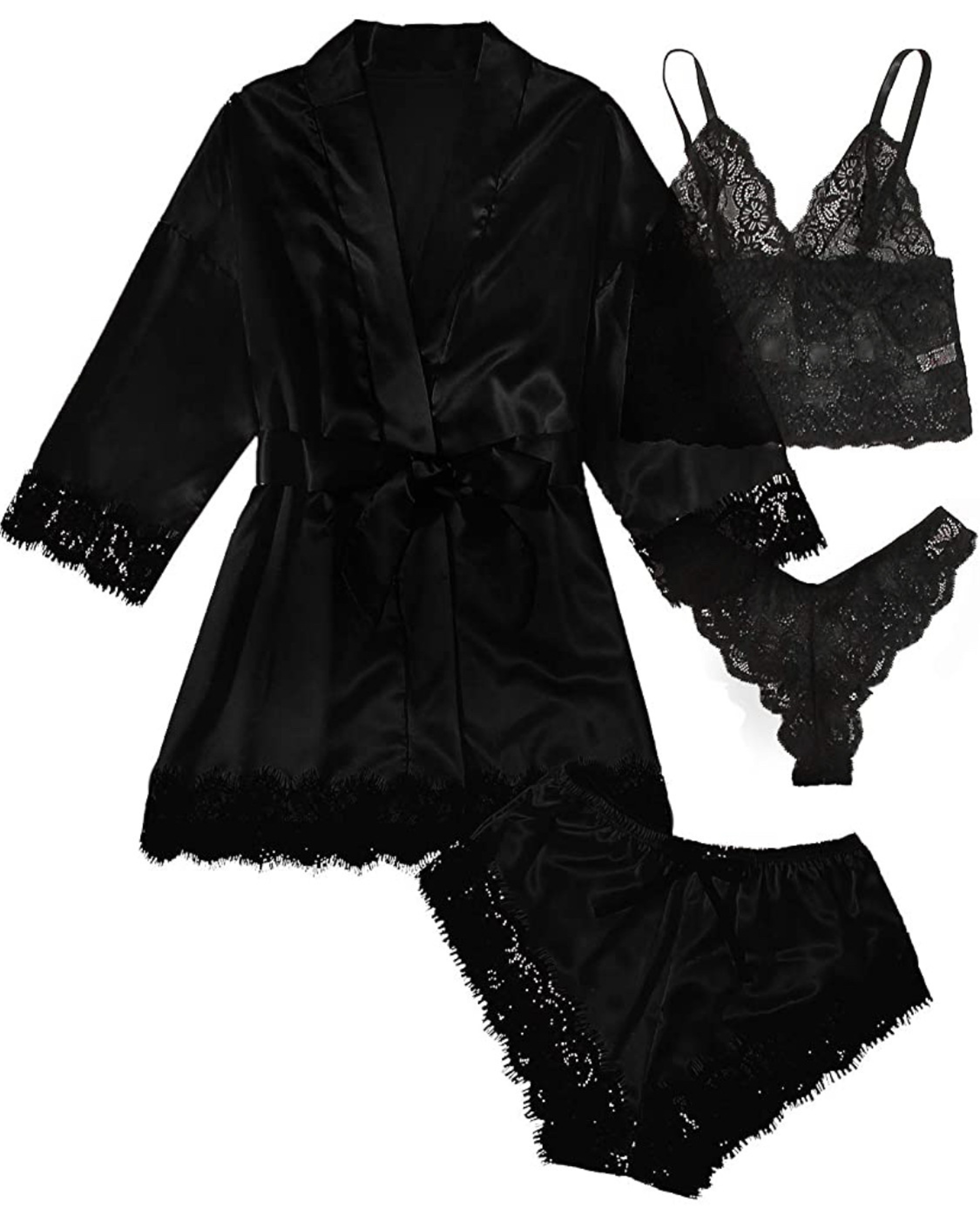 Womens four Piece Lace Satin Pajama Set with Robe Cami Top and Shorts – view 8