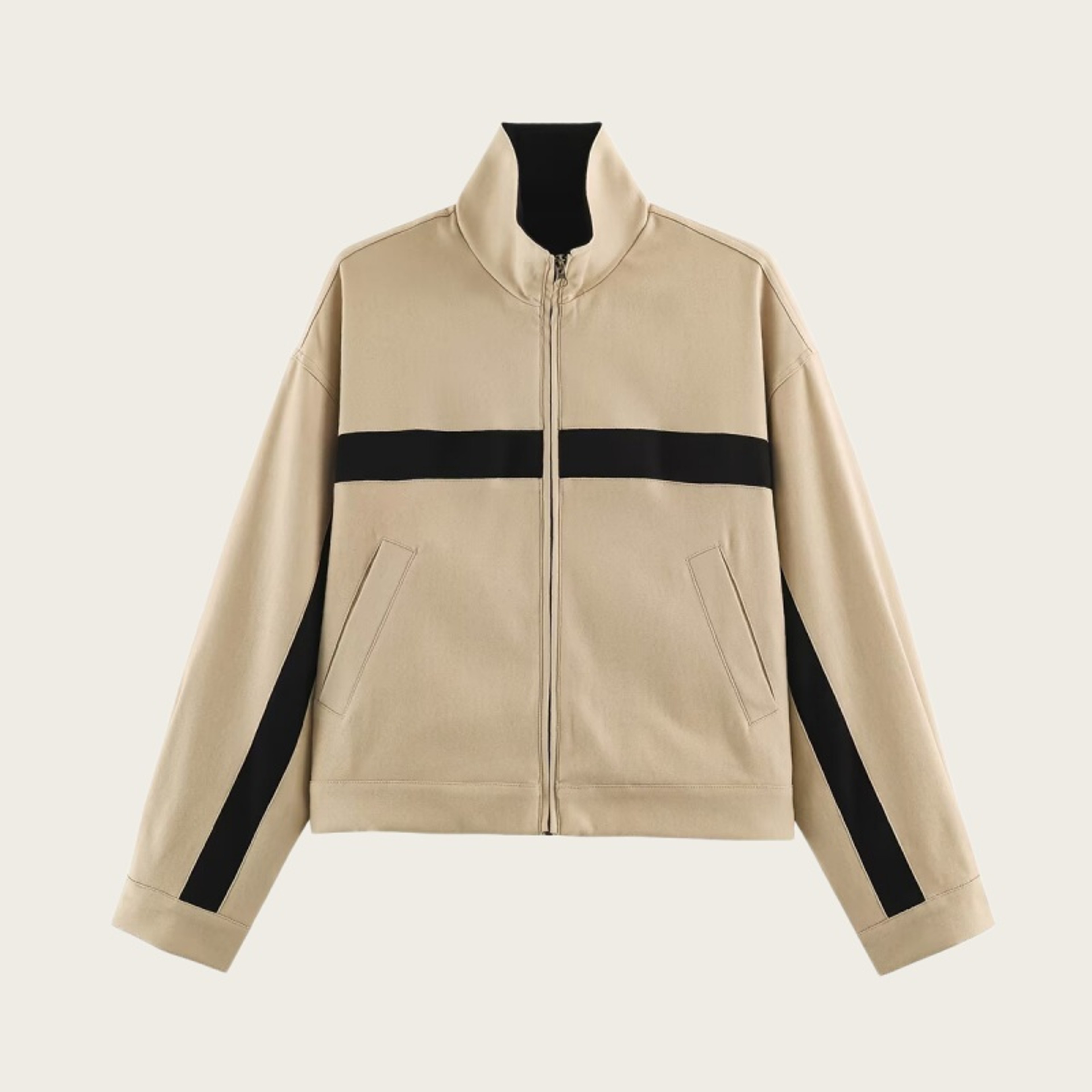 Womens Khaki Stand Collar Zipper Jacket with Pockets and Loose Fit – view 7