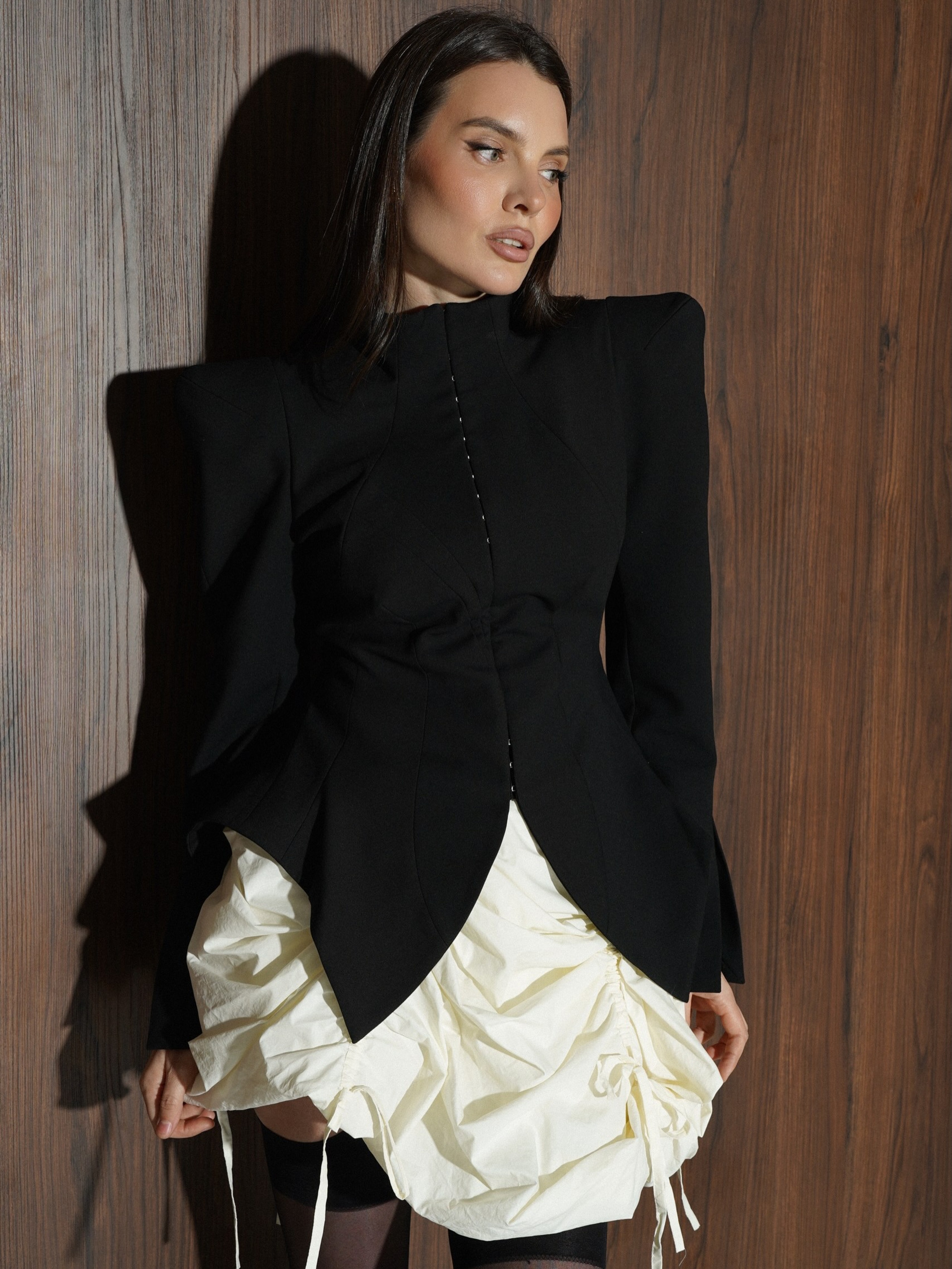 Womens Stand Collar Jacket With Padded Shoulders And Button Closure 4