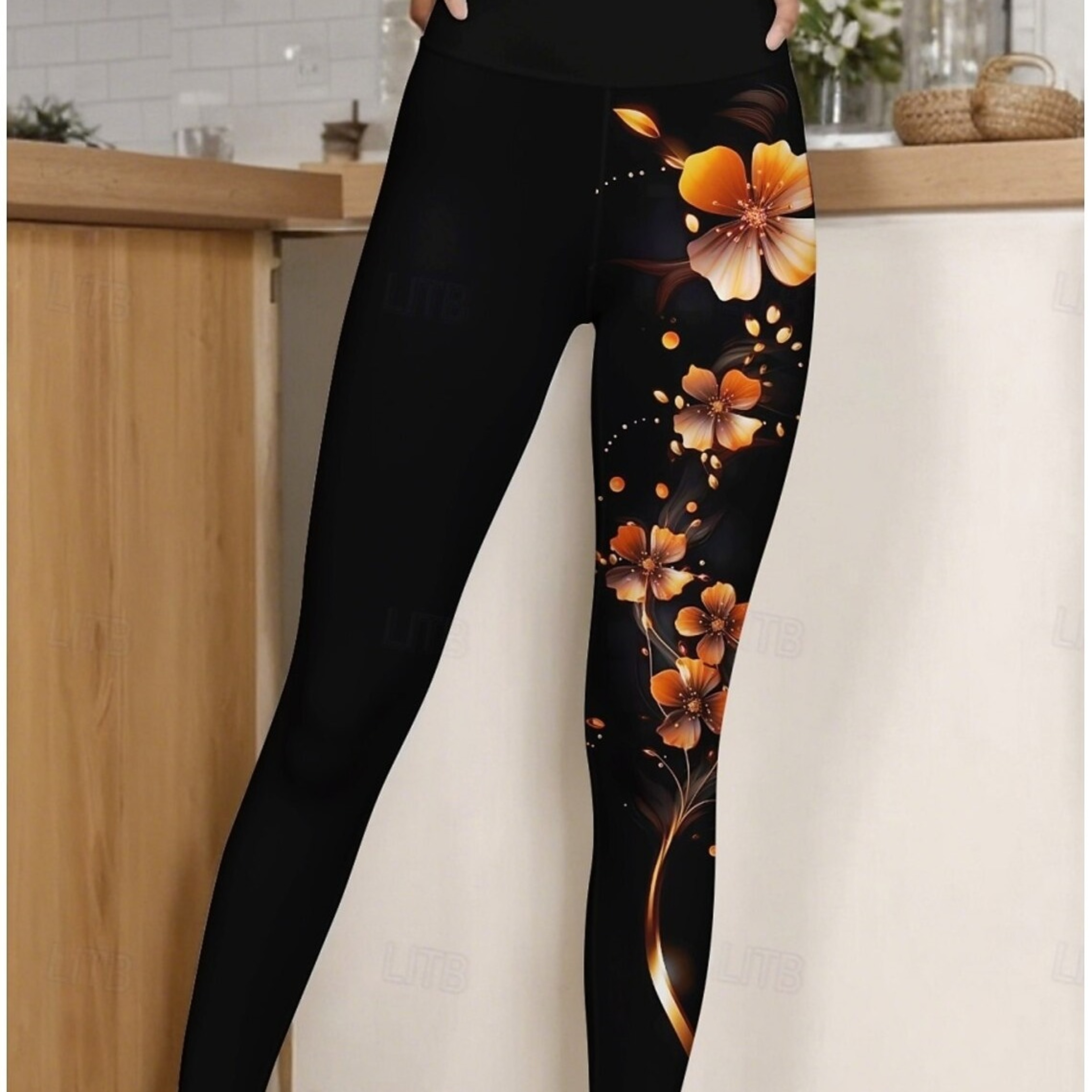 Womens Butterfly Print Fleece Leggings with Stretch Mid Rise Waistjpg