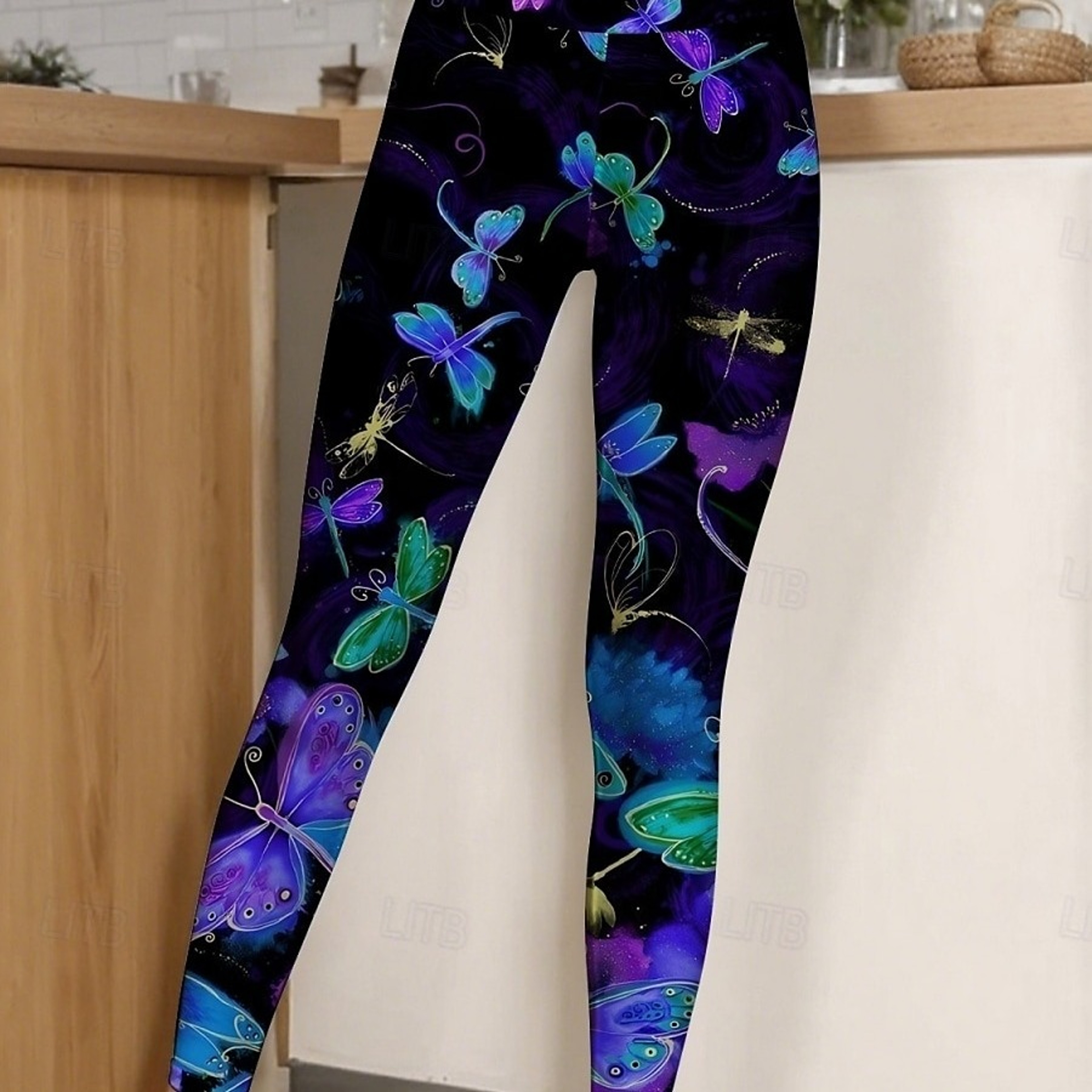 Womens Butterfly Print Fleece Leggings with Stretch Mid Rise Waistjpg
