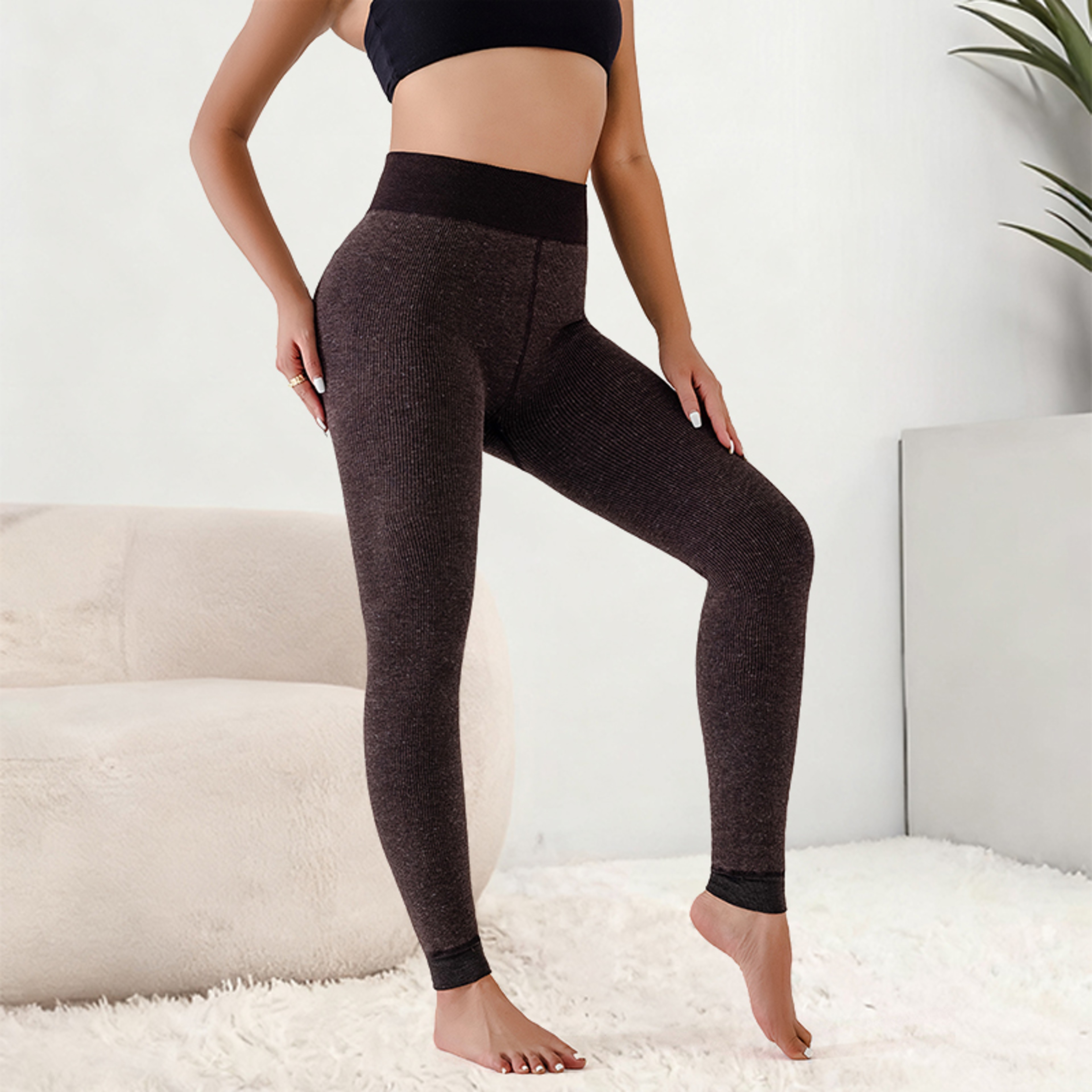 Womens High Waist Fleece Lined Leggings with Tummy Control and Ribbed Texture – view 4