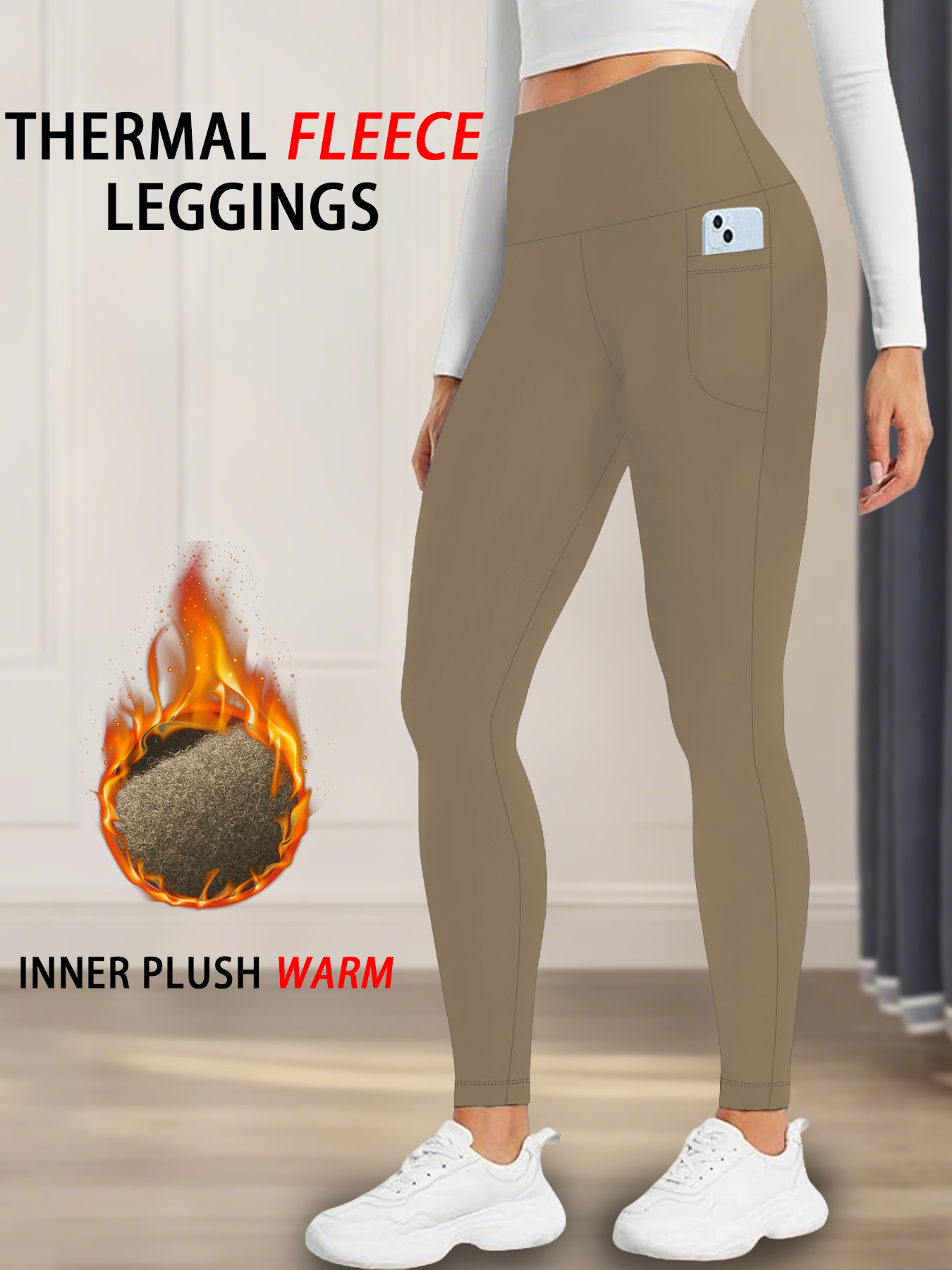 Womens Thermal Fleece Lined Leggings with Pockets and High Waist Tummy Control – view 9