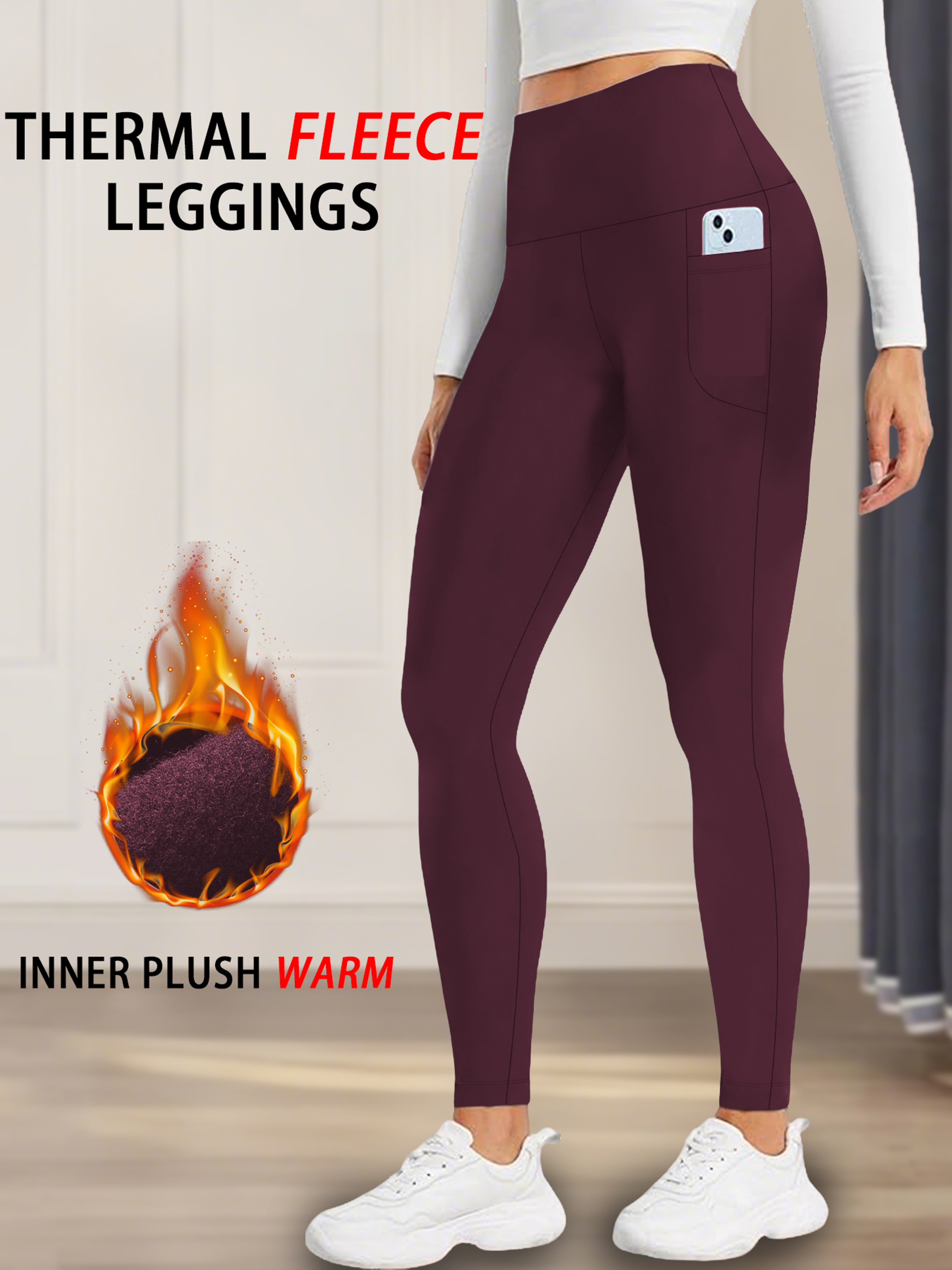 Womens Thermal Fleece Lined Leggings with Pockets and High Waist Tummy Control – view 7