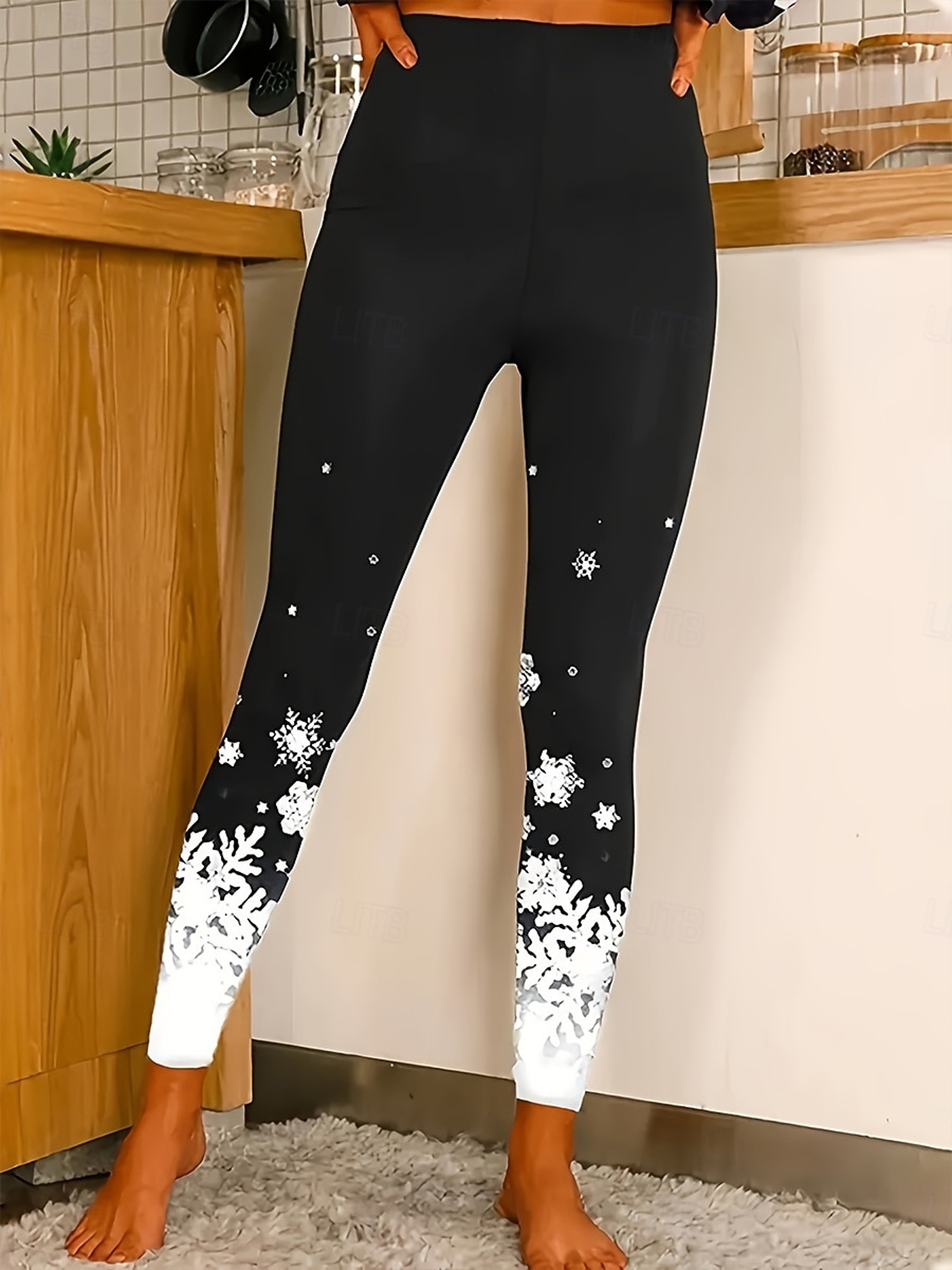 Womens Christmas Snowflake Print Fleece Leggings With Stretch Elastic Waist 6