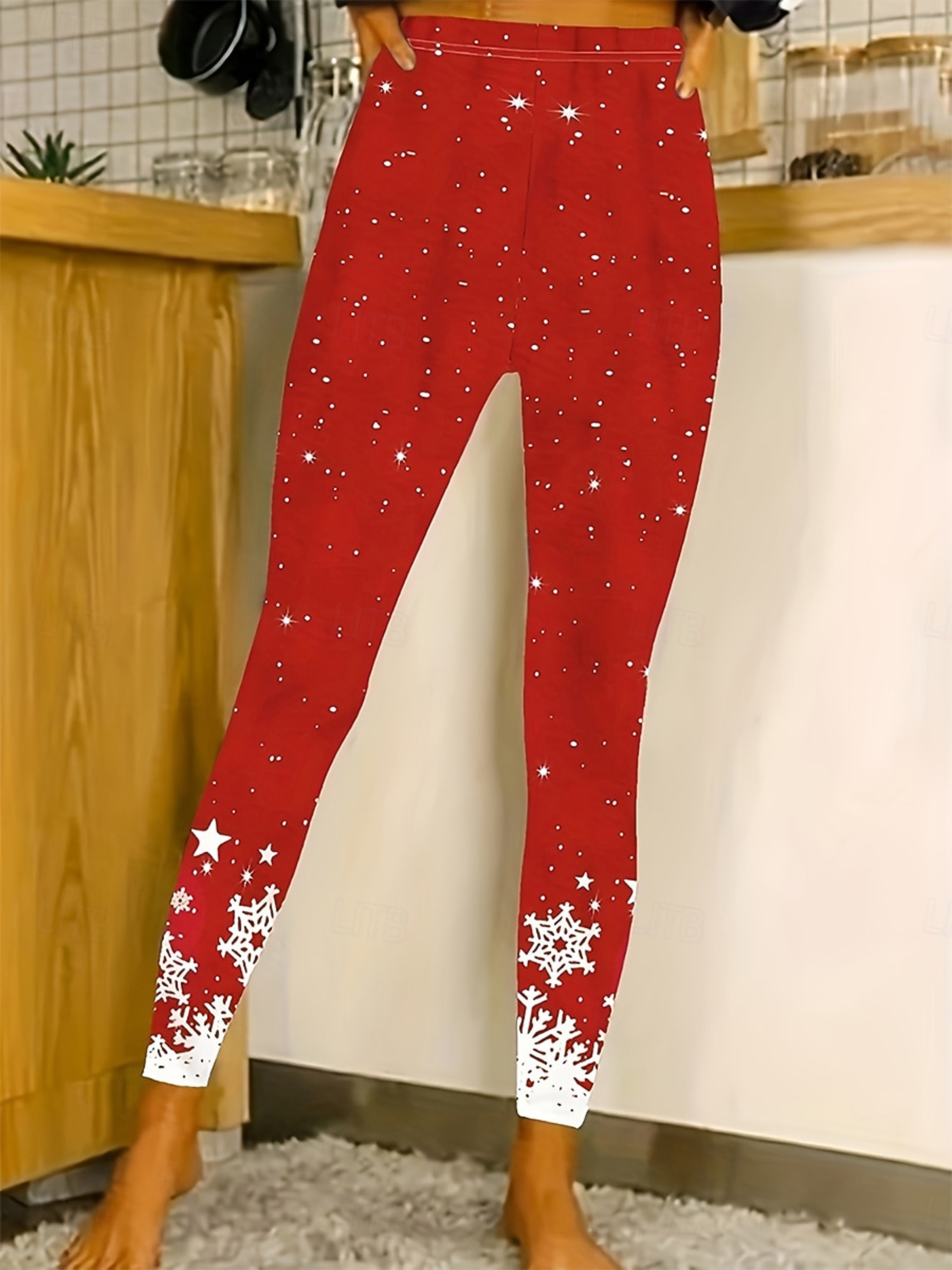 Womens Christmas Snowflake Print Fleece Leggings With Stretch Elastic Waist 8