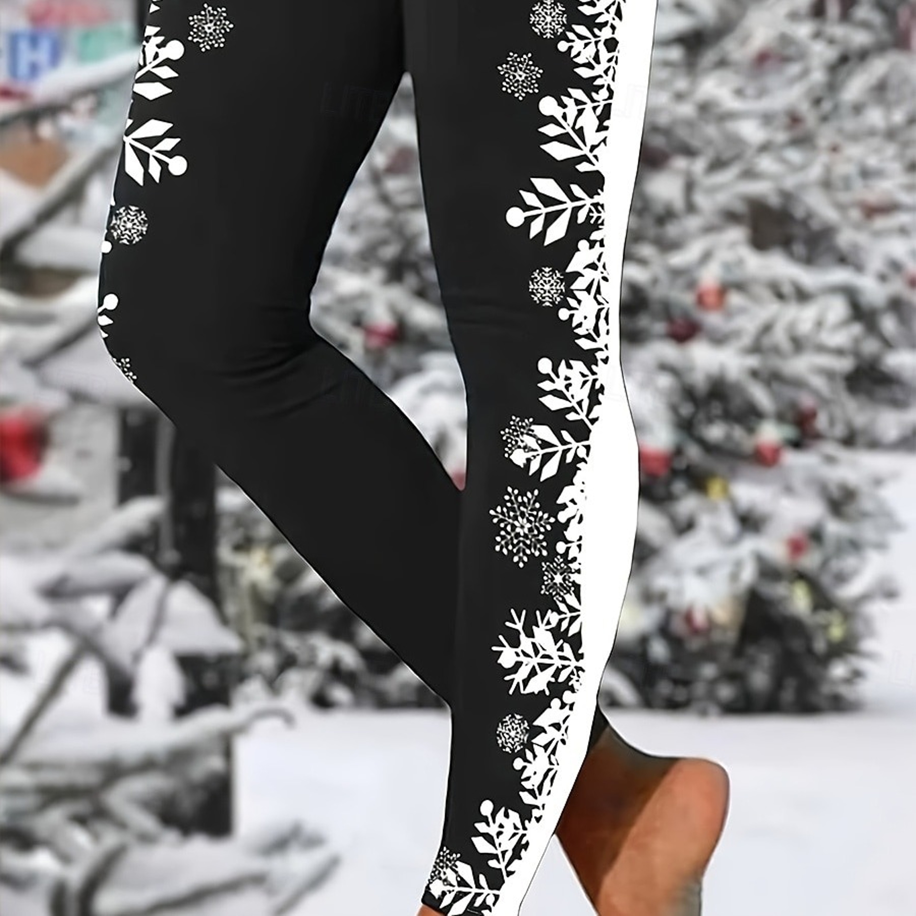 Womens Christmas Snowflake Print Fleece Leggings with Stretch Elastic Waistjpg