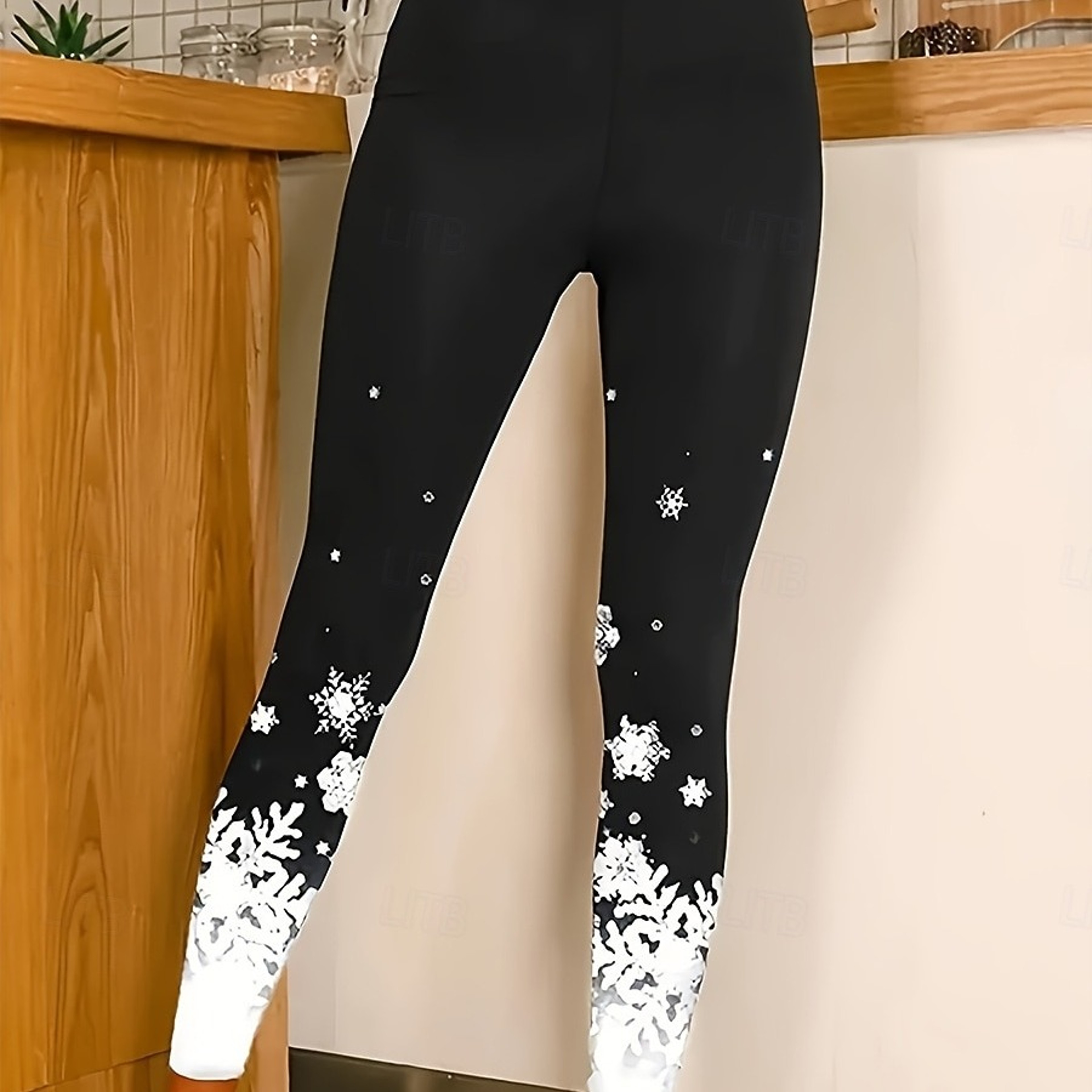 Womens Christmas Snowflake Print Fleece Leggings with Stretch Elastic Waistjpg