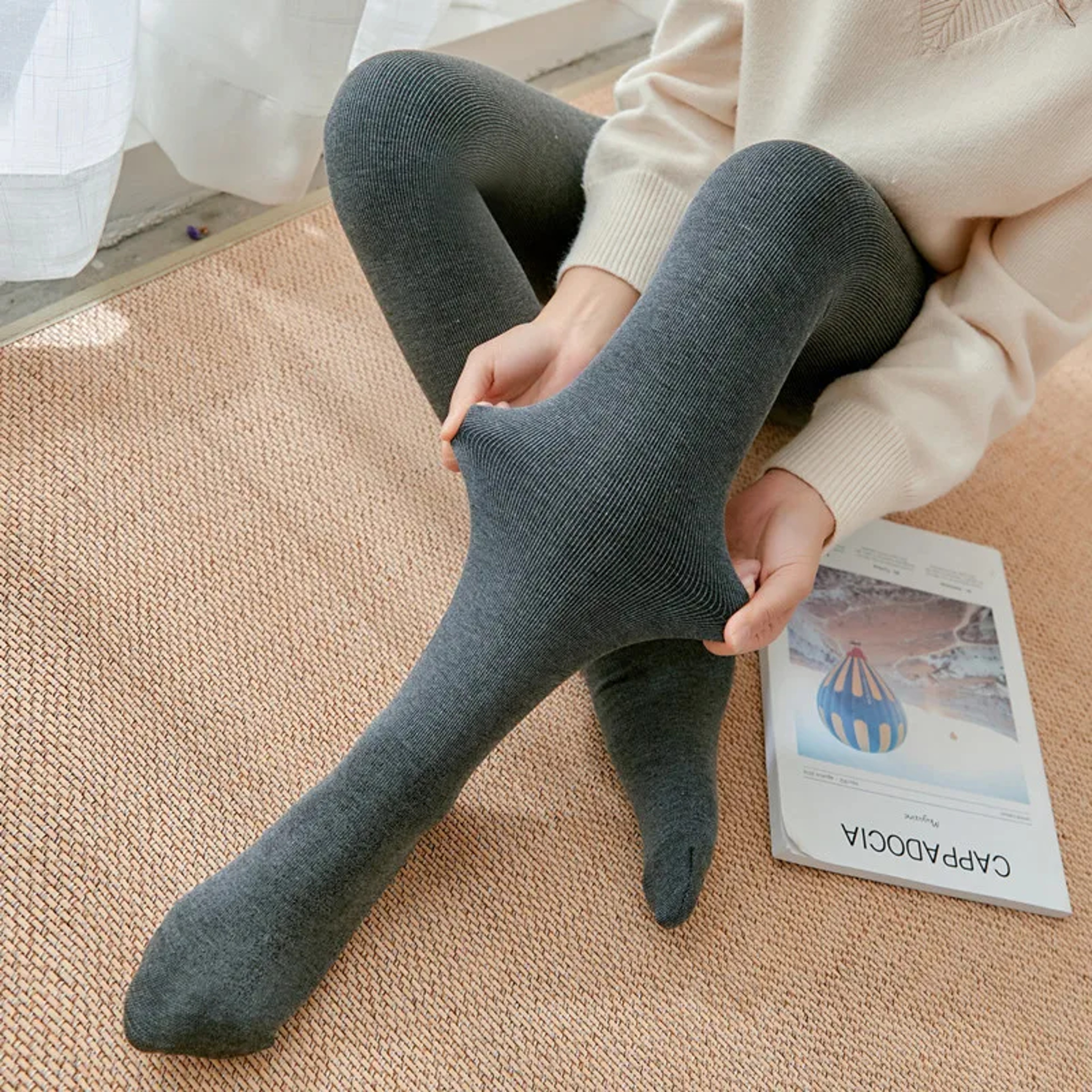Womens High Waisted Fleece Lined Thermal Leggings with Ribbed Vertical Stripes – view 1