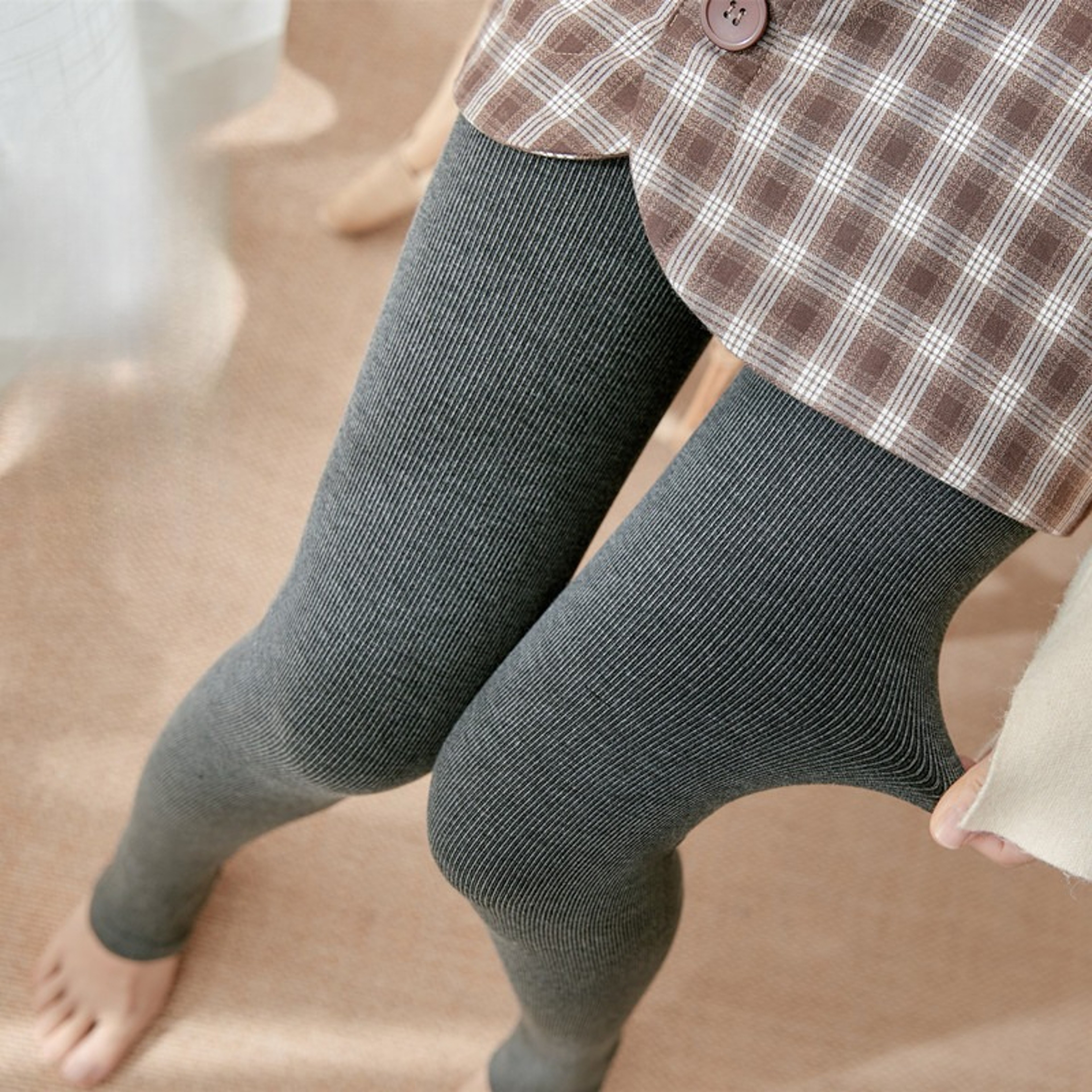 Womens High Waisted Fleece Lined Thermal Leggings with Ribbed Vertical Stripes – view 2
