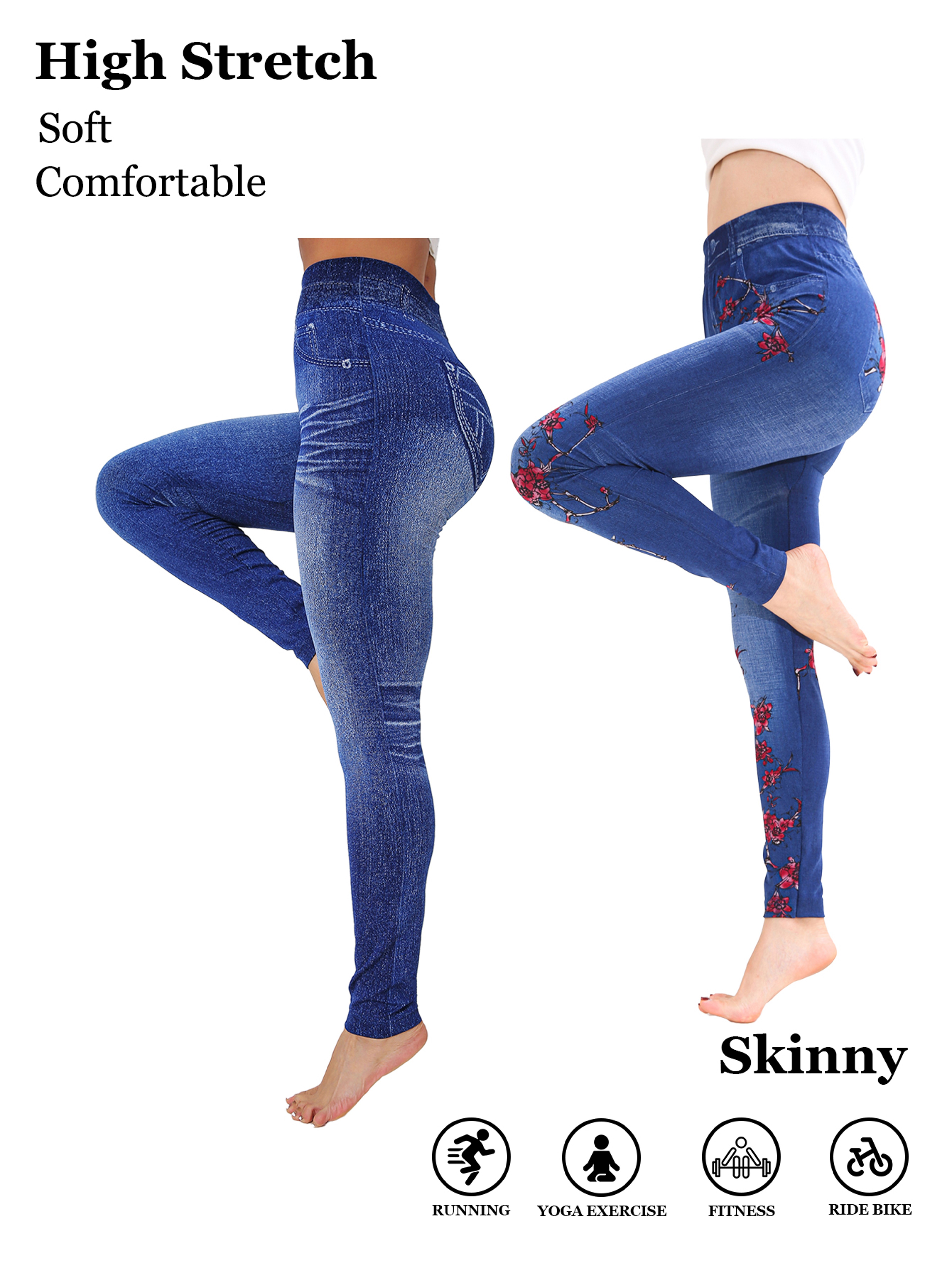 Womens Plum Blossom Print Leggings with Imitation Denim Design and Stretch Fabric – view 1