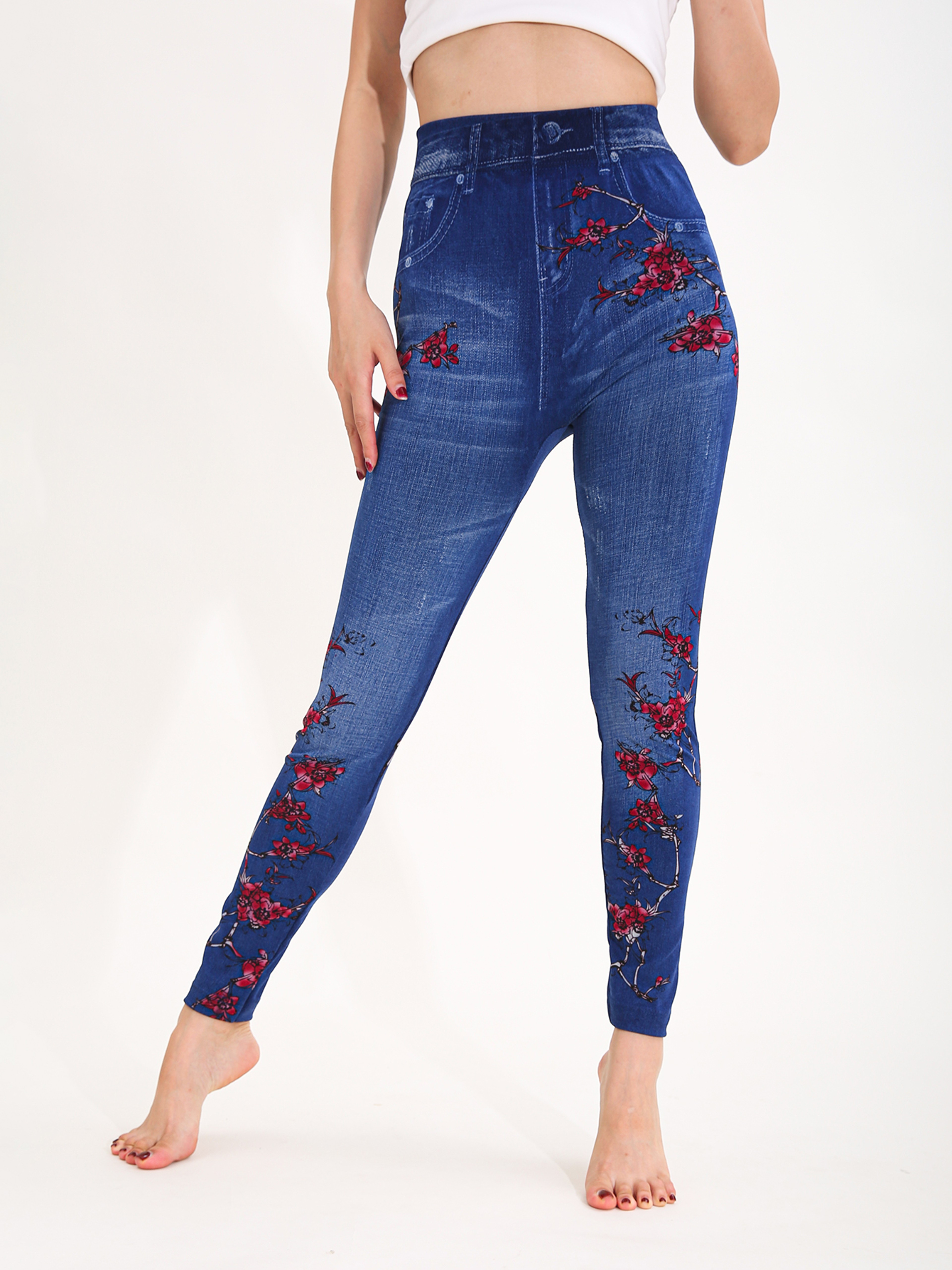 Womens Plum Blossom Print Leggings with Imitation Denim Design and Stretch Fabric – view 7
