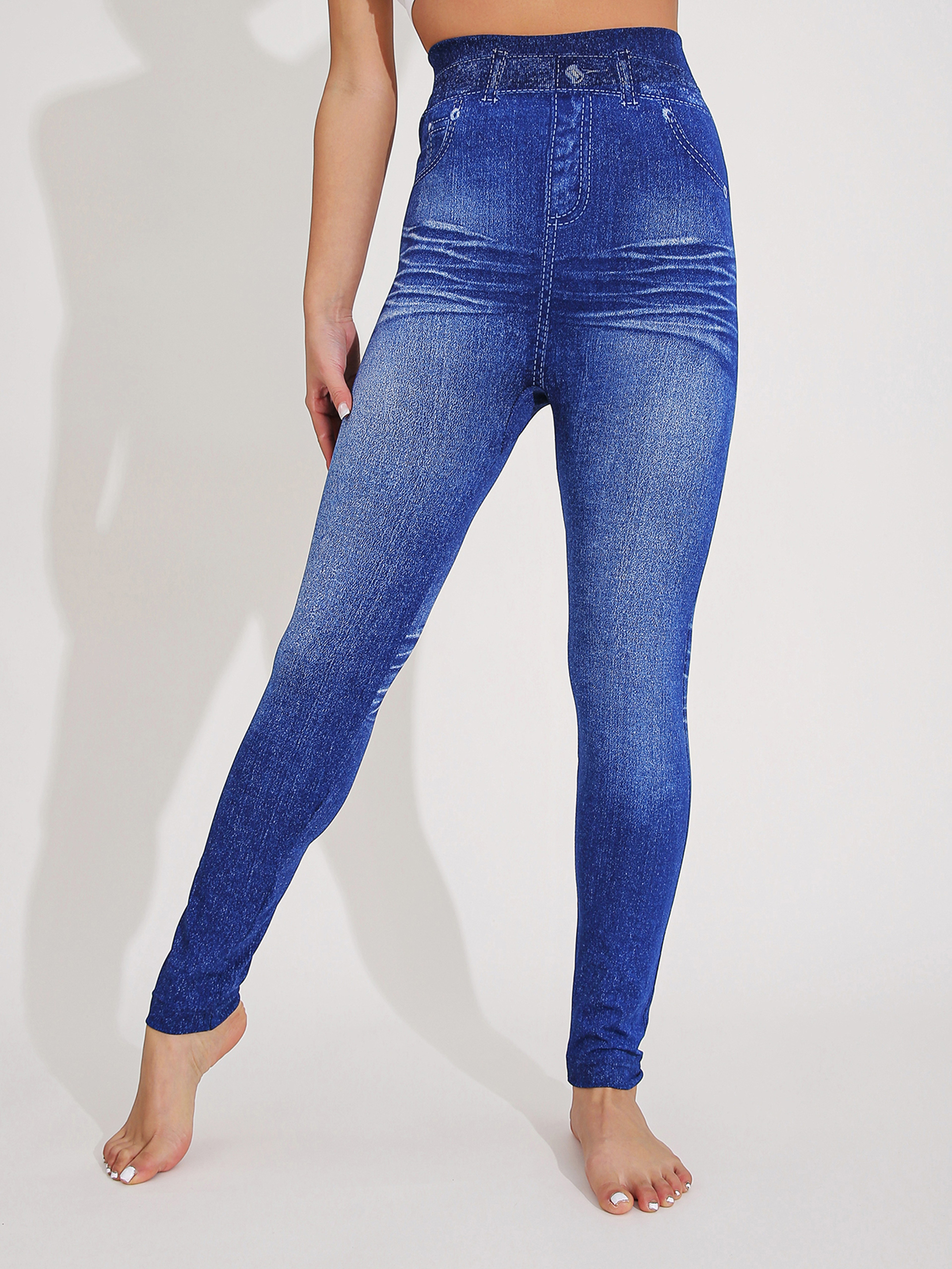 Womens Plum Blossom Print Leggings with Imitation Denim Design and Stretch Fabric – view 8