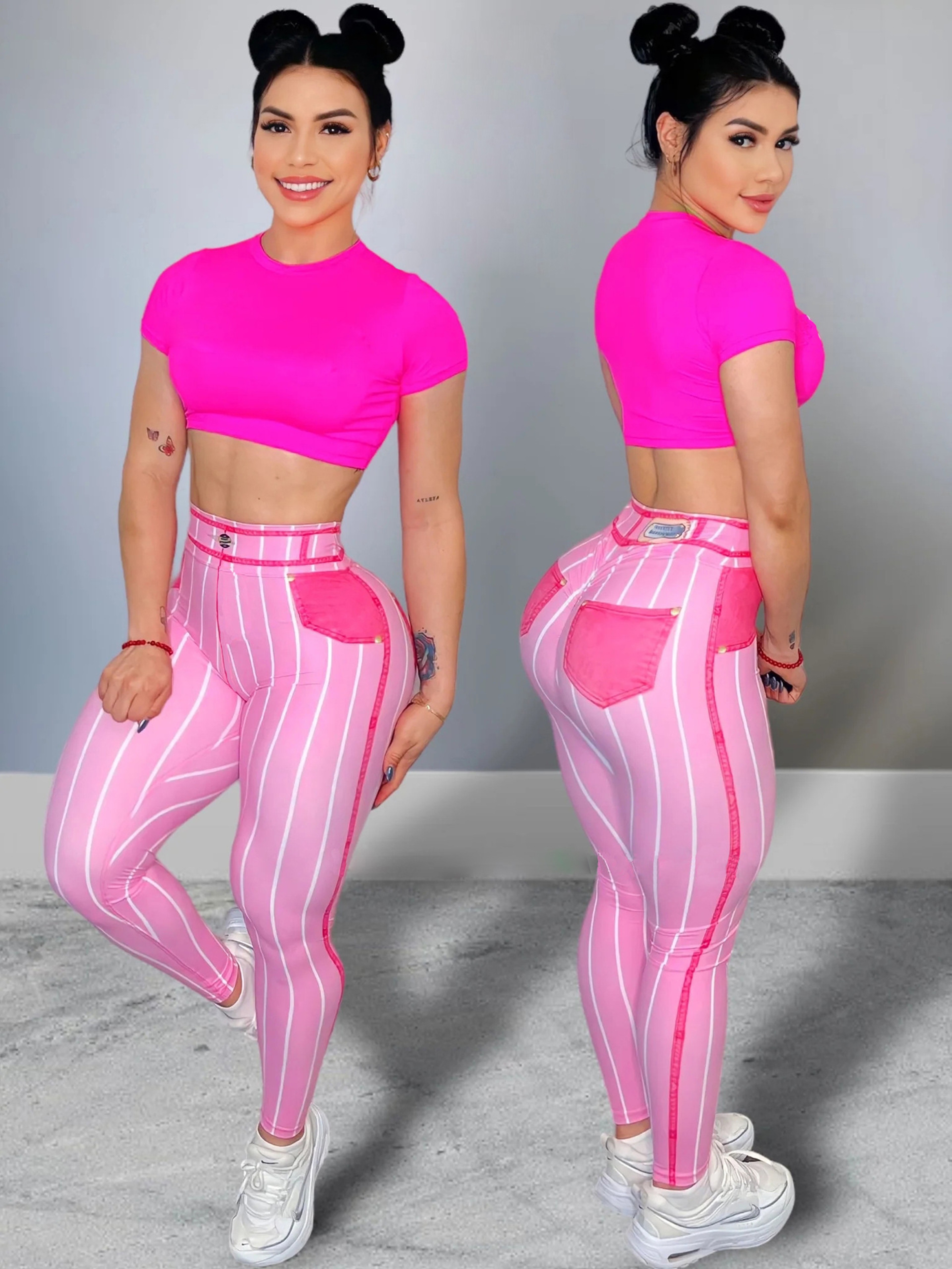 Womens High Waisted Striped Yoga Leggings Stretch Workout Pants 1
