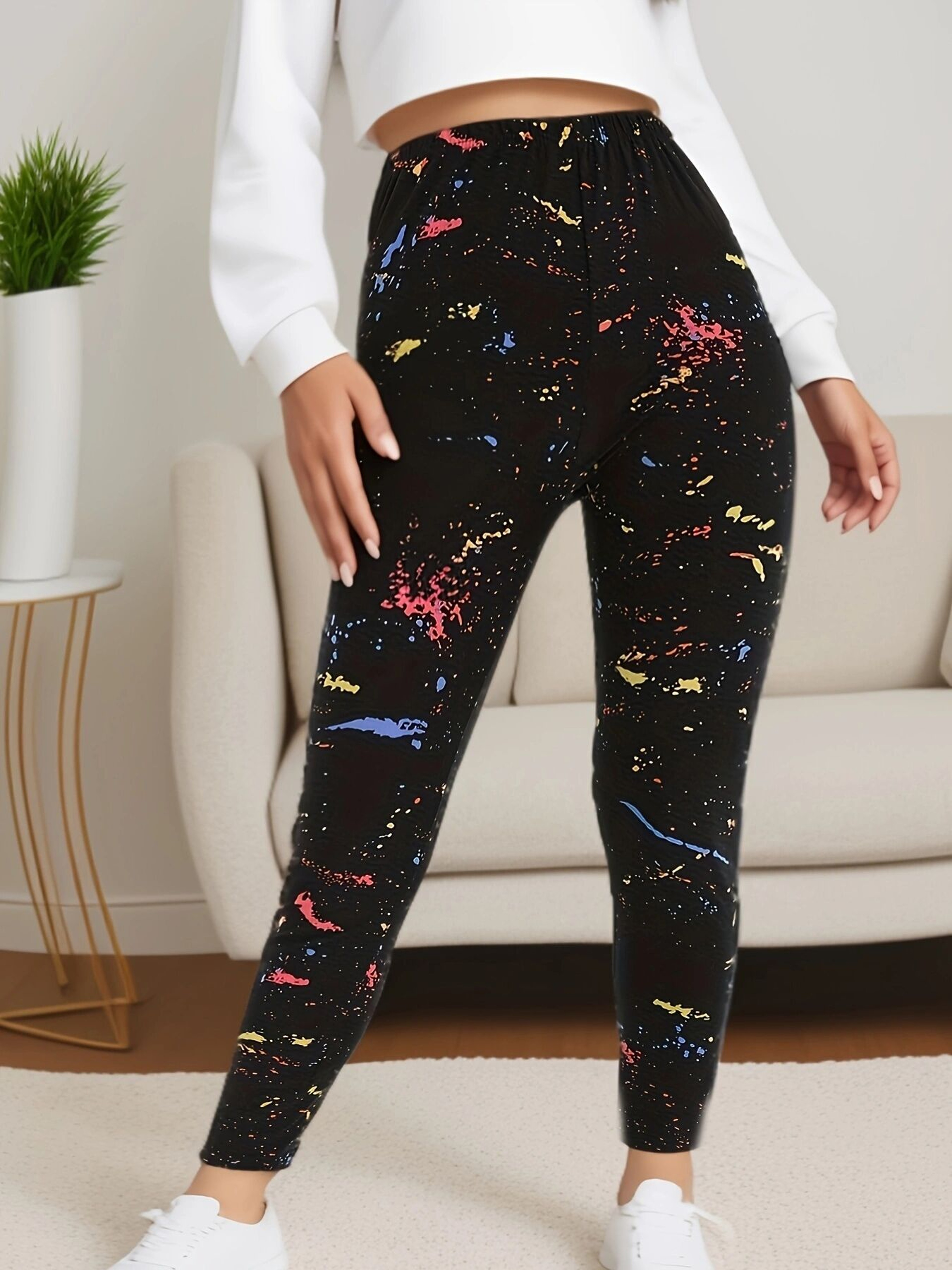 Plus Size Womens Leggings with High Stretch Seamless Knit and Black Print – view 2