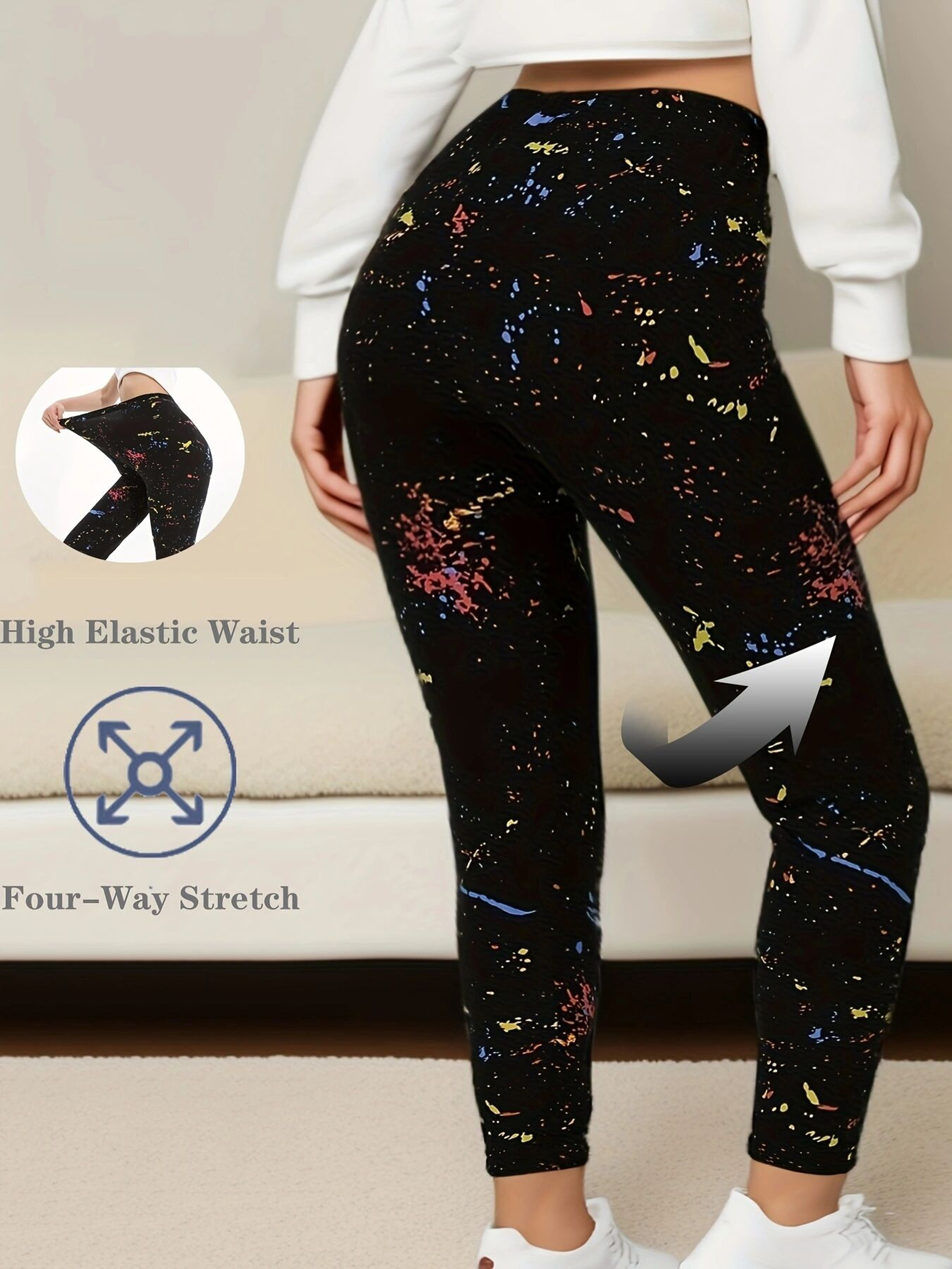 Plus Size Womens Leggings with High Stretch Seamless Knit and Black Print – view 7