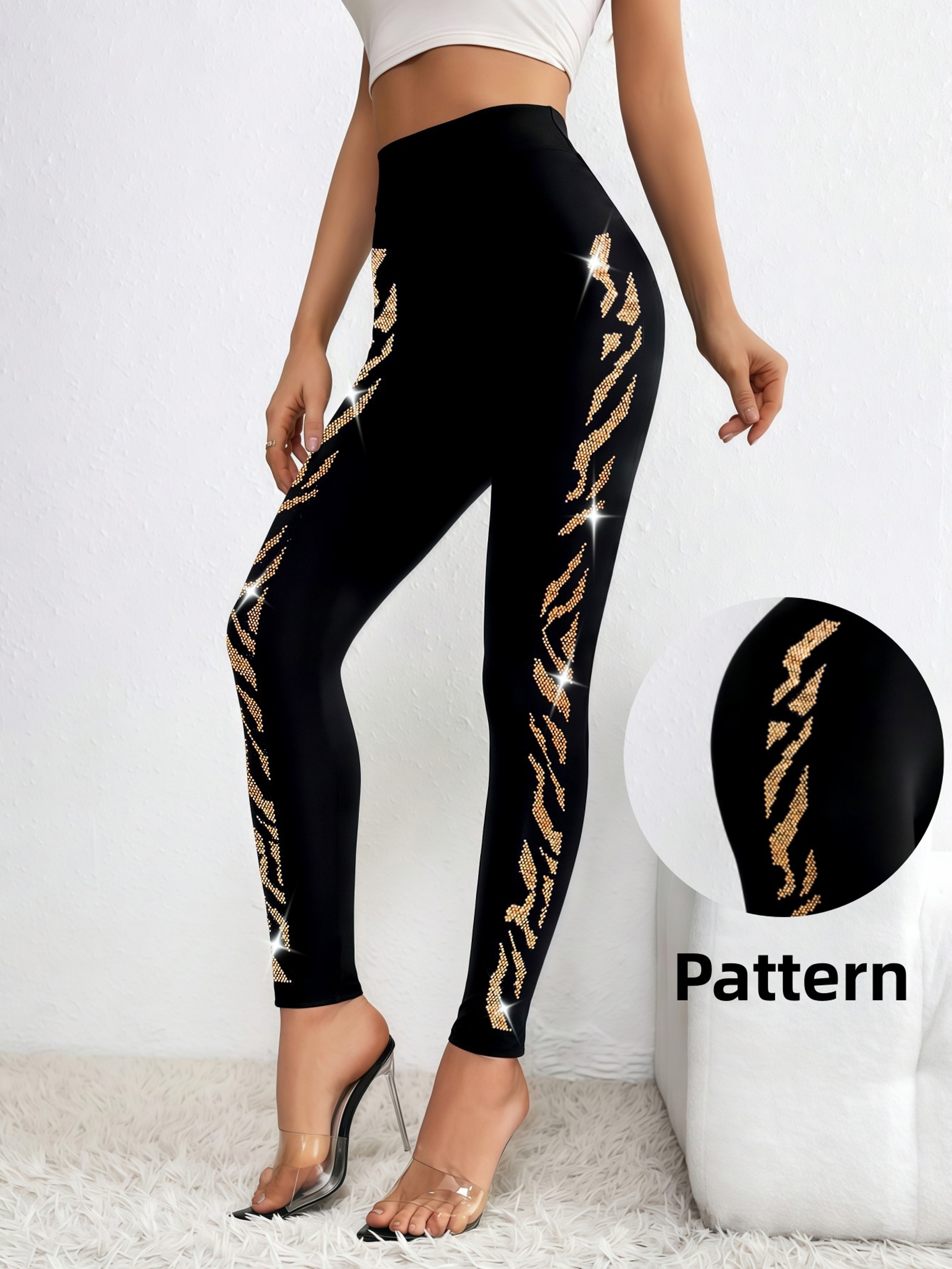 Womens High Waist Black and Gold Leopard Rhinestone Leggings – view 1