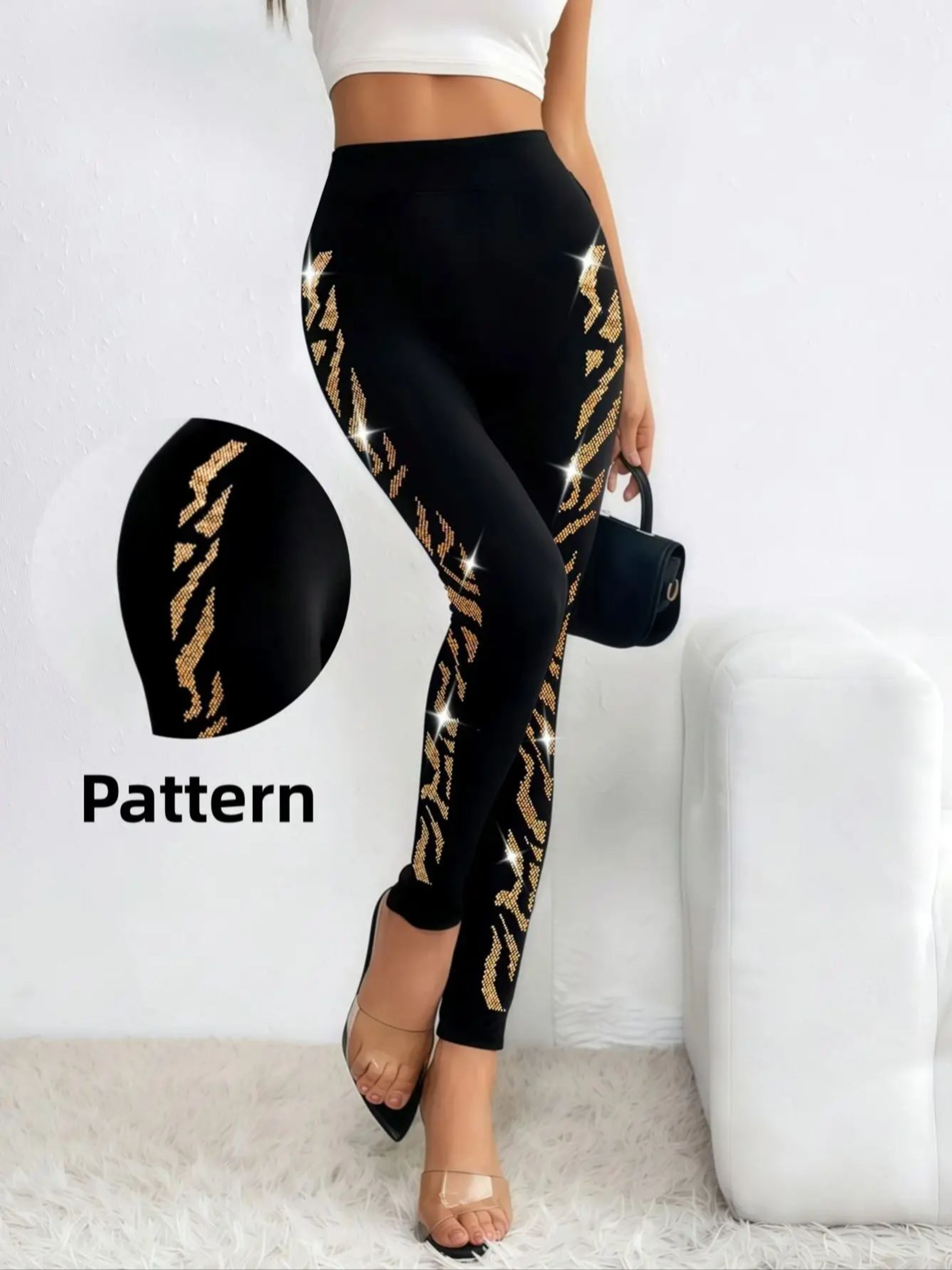 Womens High Waist Black and Gold Leopard Rhinestone Leggings – view 6