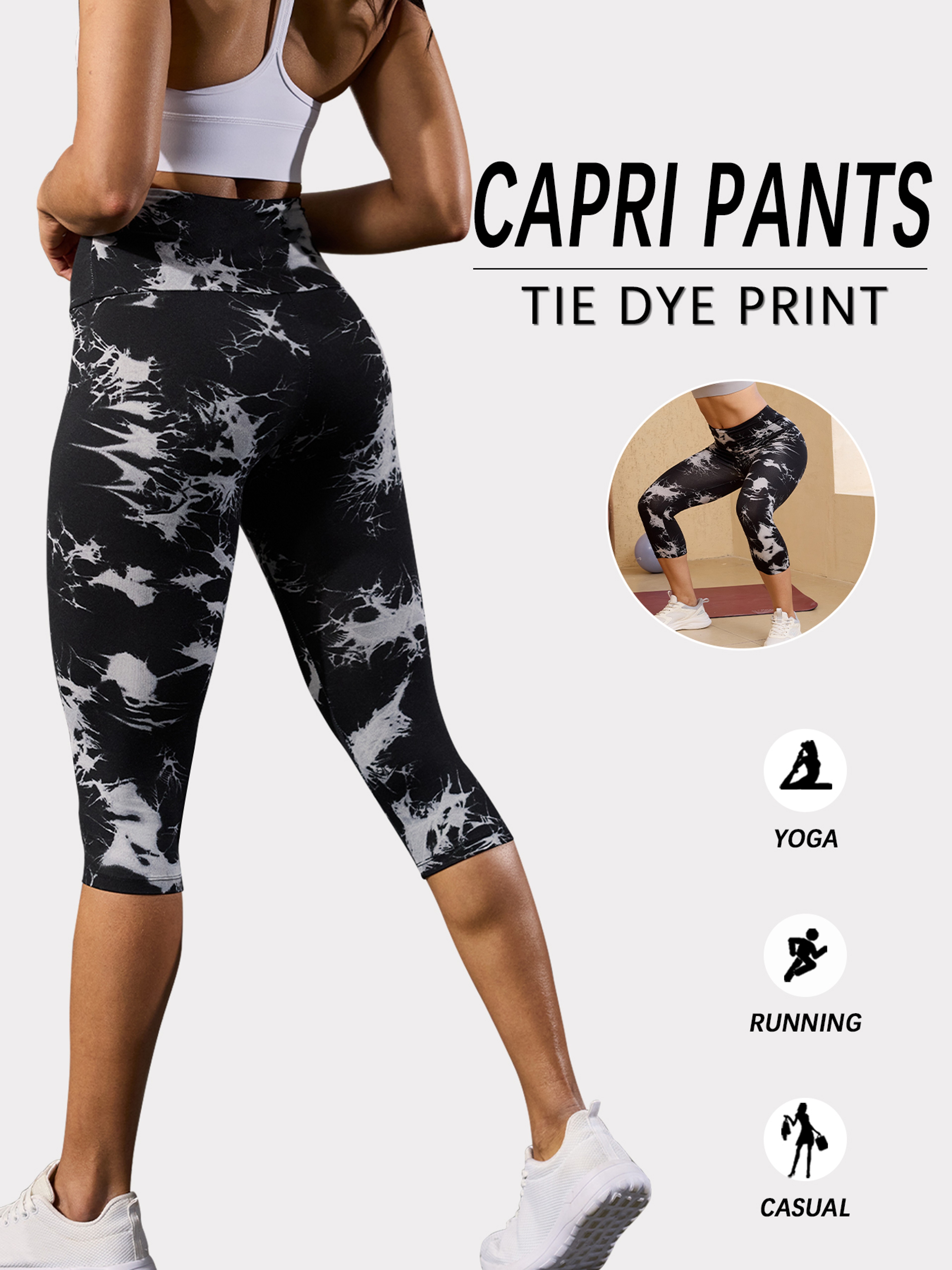 Womens High Waisted Tie Dye Capri Leggings Soft Stretch Casual Pants – view 2