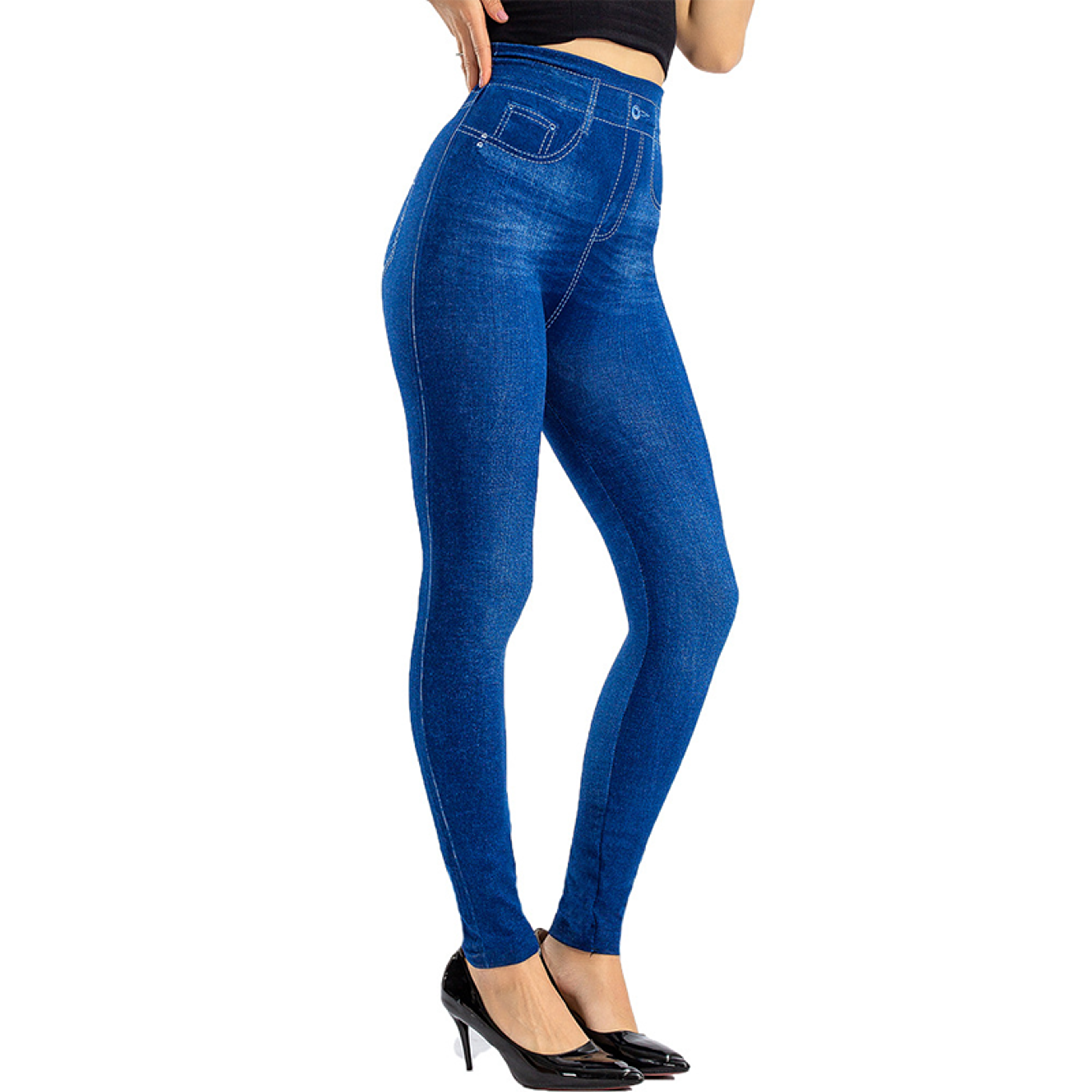 Womens High Waist Stretch Leggings with Imitation Denim Look – view 7