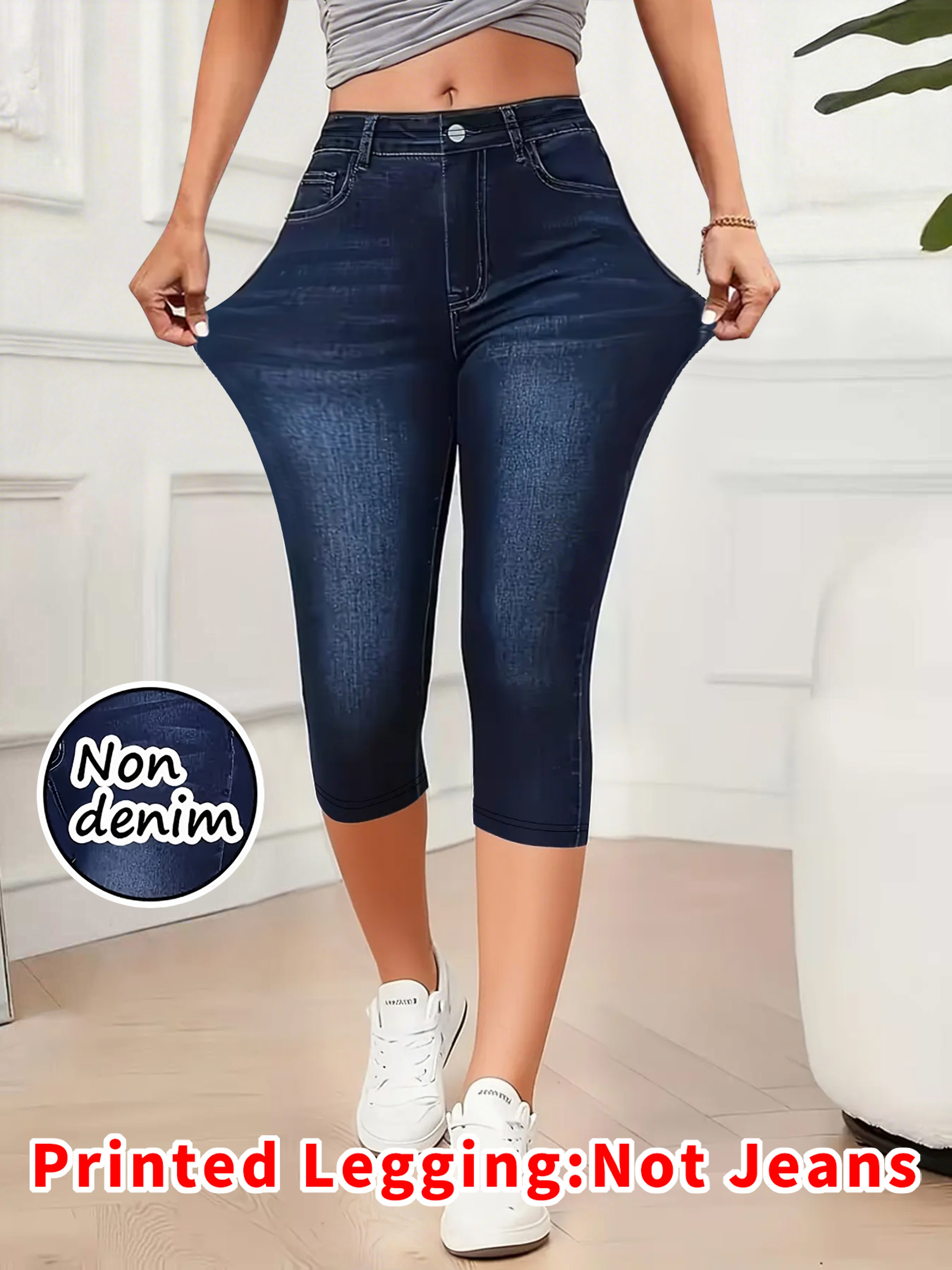 Womens Denim Look Printed Capri Leggings with High Waist and Stretch Fabric – view 1