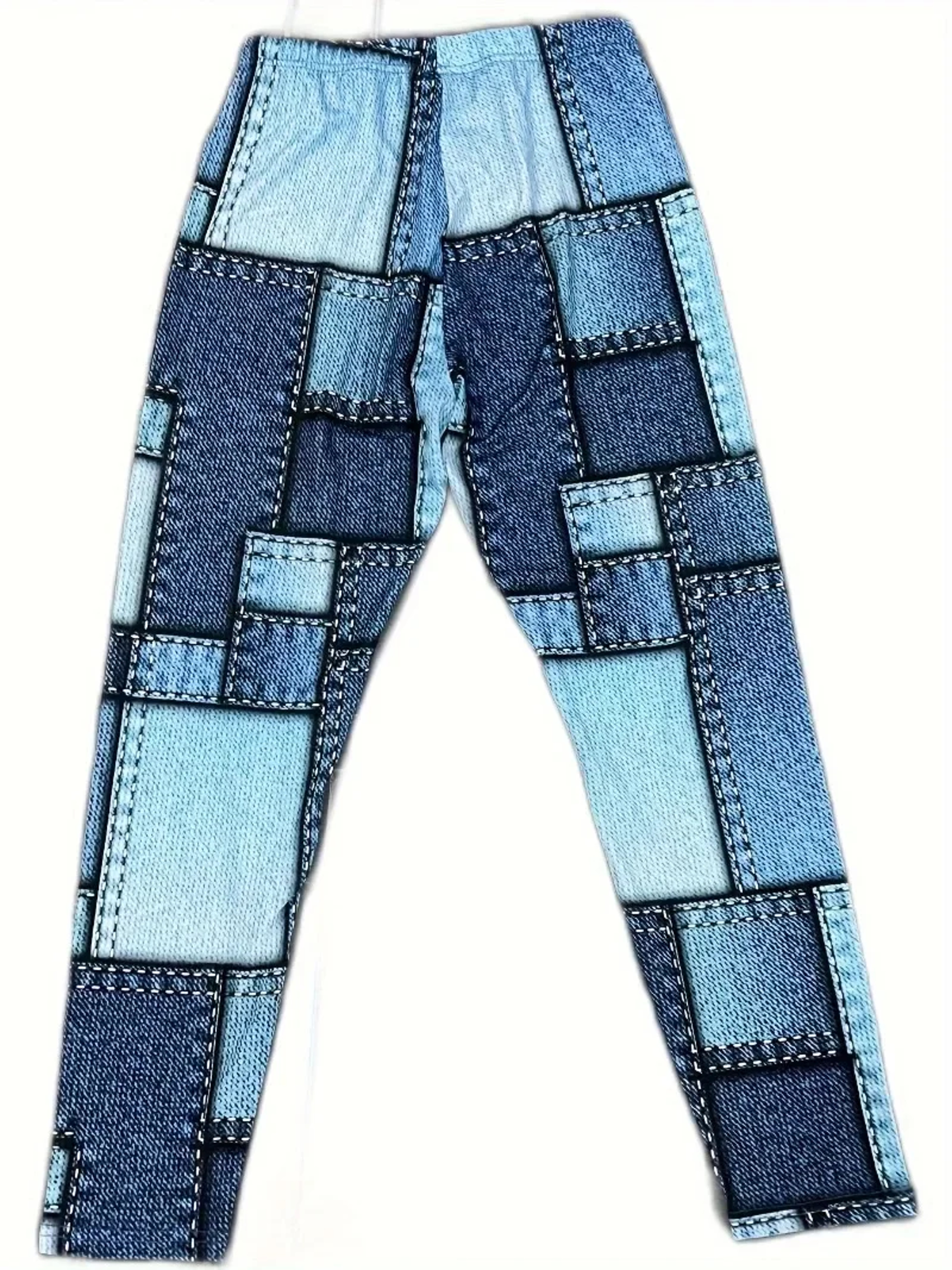 Womens Plus Size Plaid Print Leggings with Mid Rise Waist and Denim Look – view 2