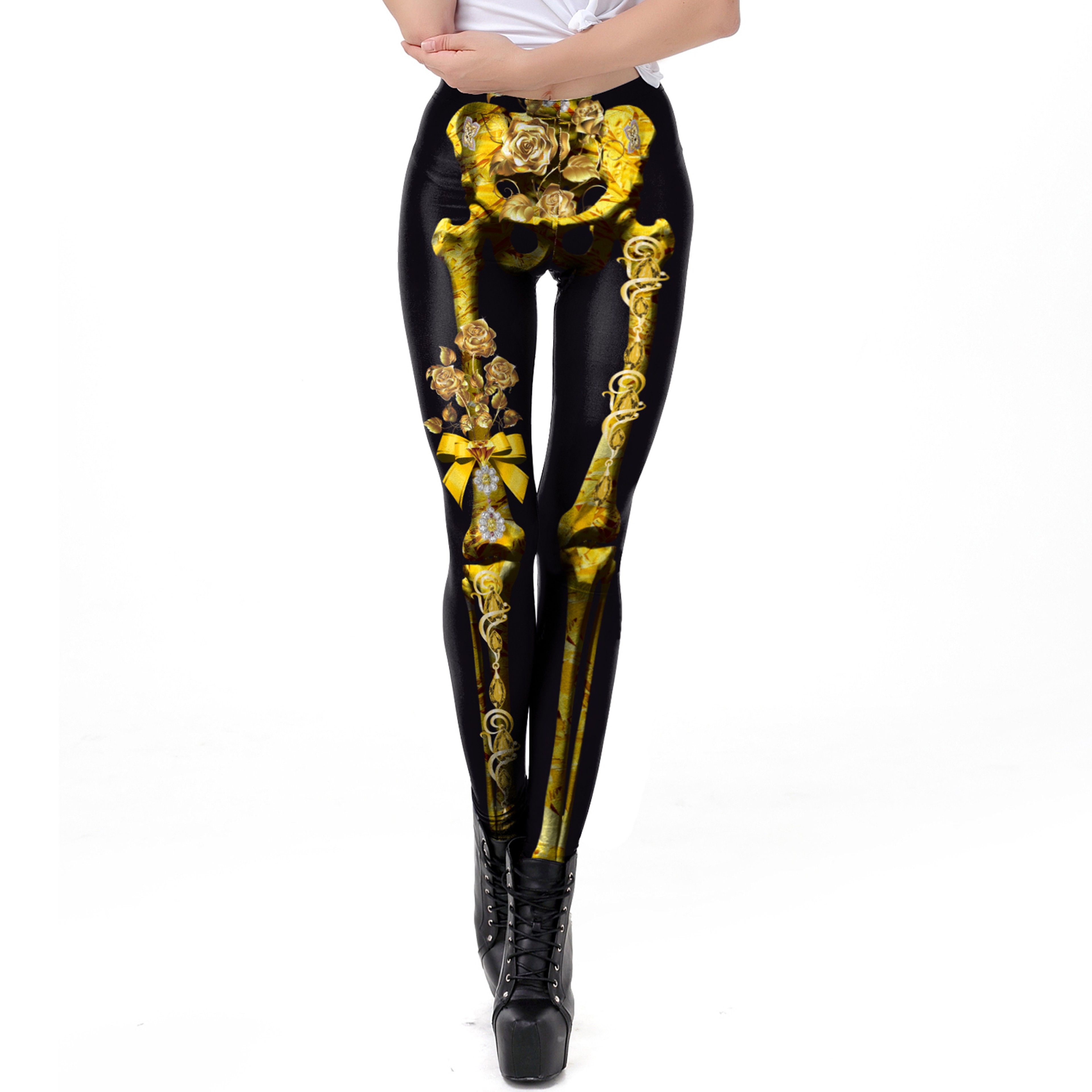 Womens Rose Skull Print Leggings Mid Waist Ankle Length Halloween Pants – view 10