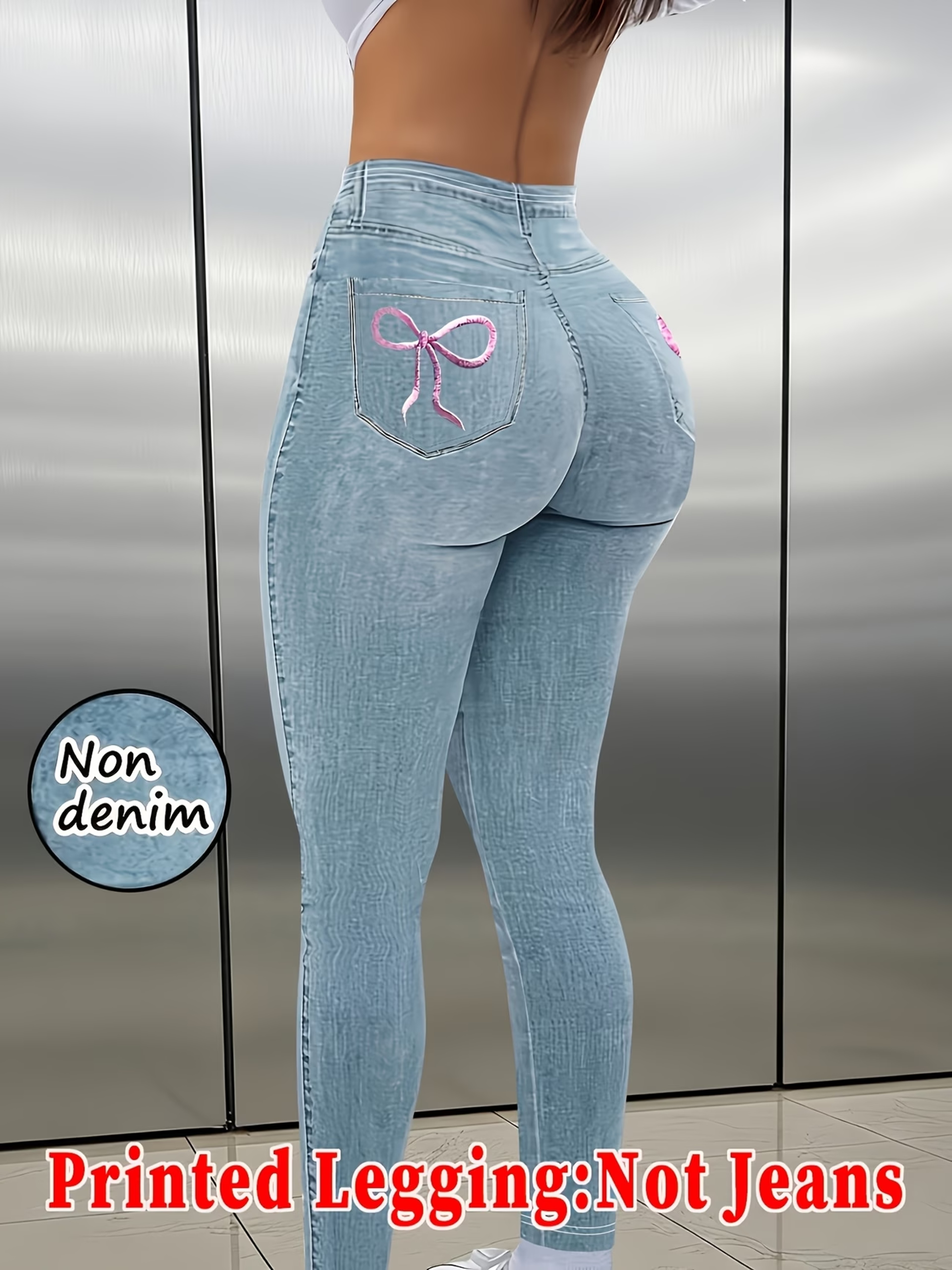 Womens High Waisted Faux Denim Print Leggings with Pocket and Button Details – view 1
