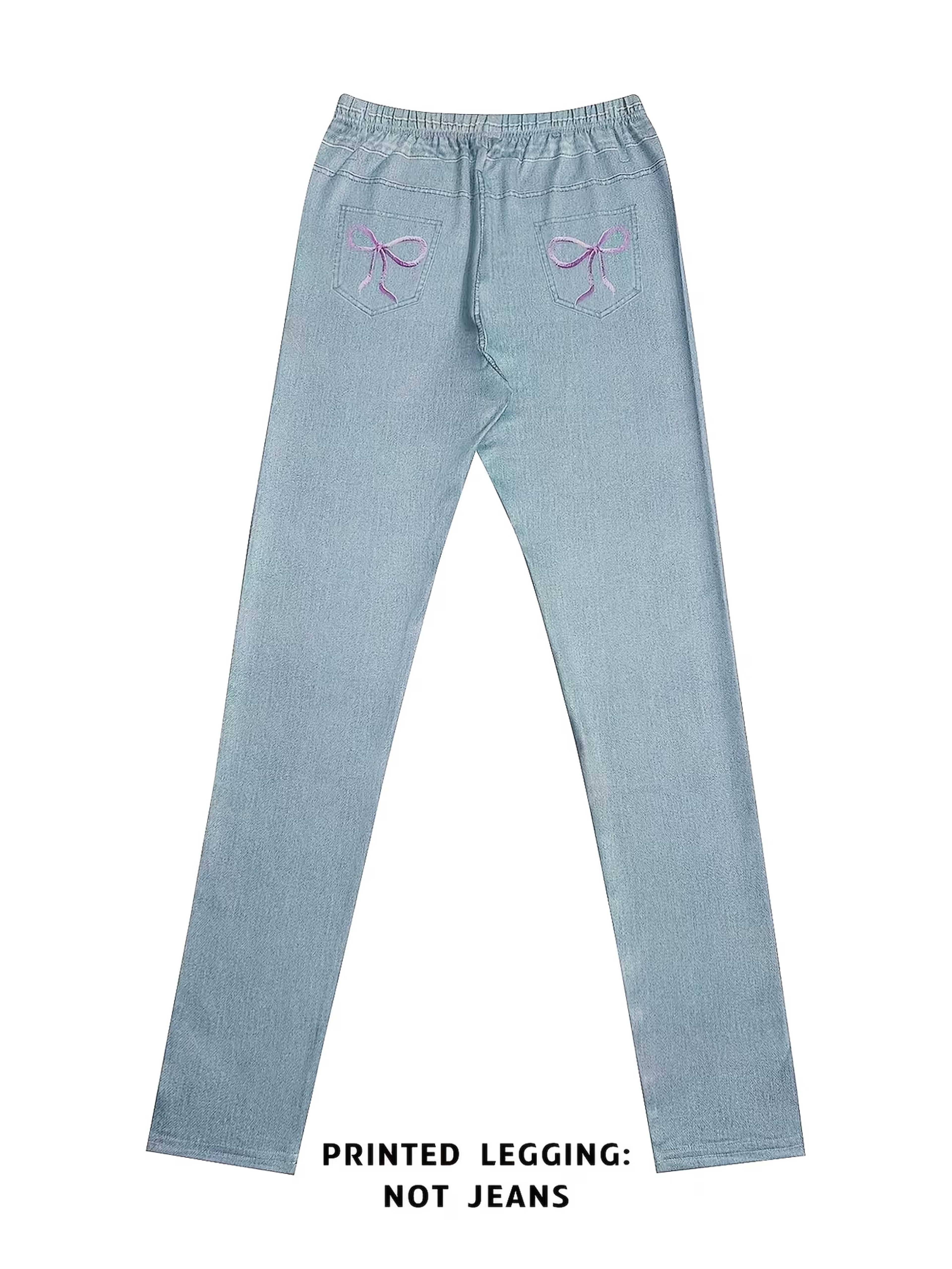 Womens High Waisted Faux Denim Print Leggings with Pocket and Button Details – view 6