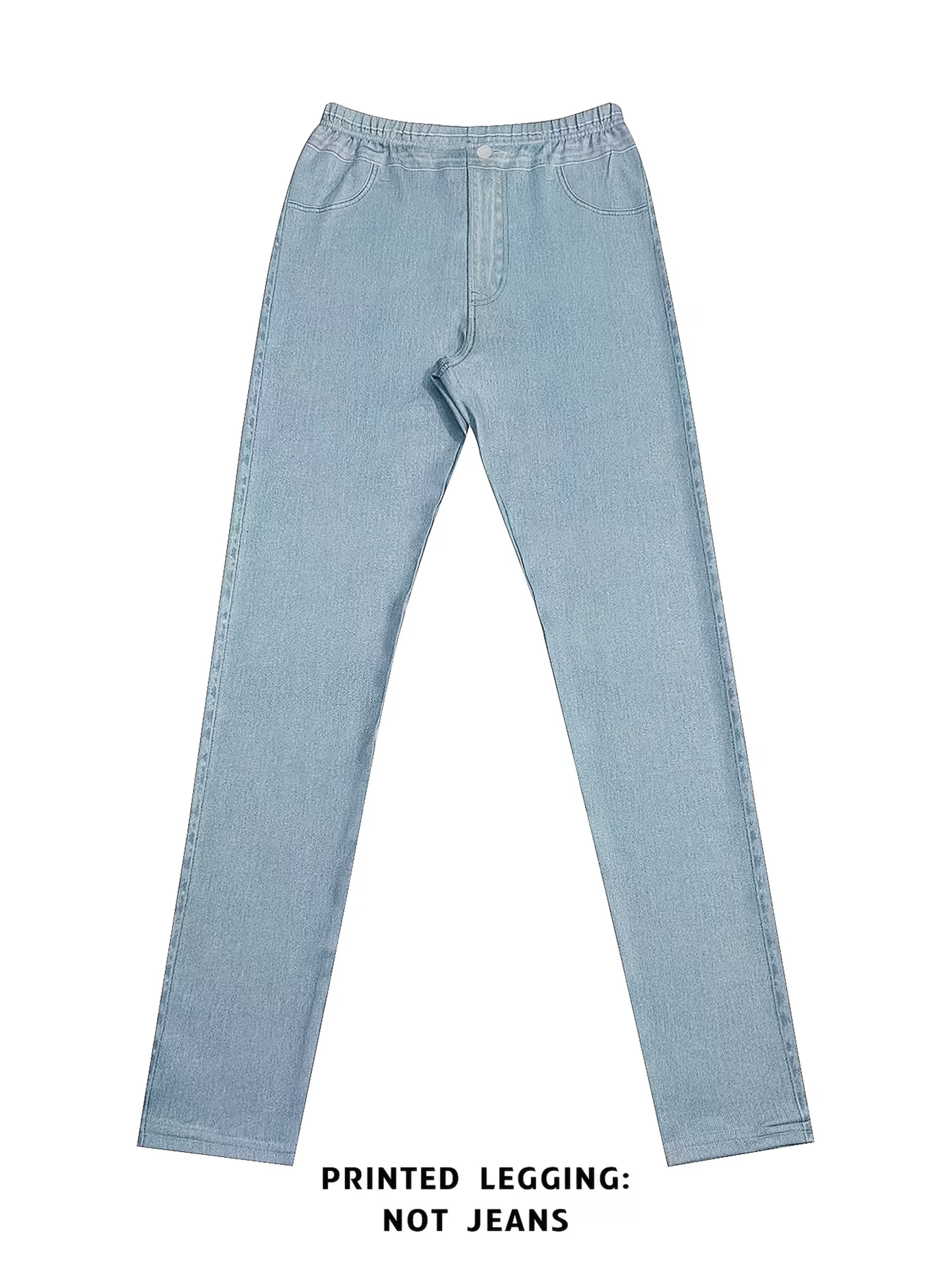 Womens High Waisted Faux Denim Print Leggings with Pocket and Button Details – view 4