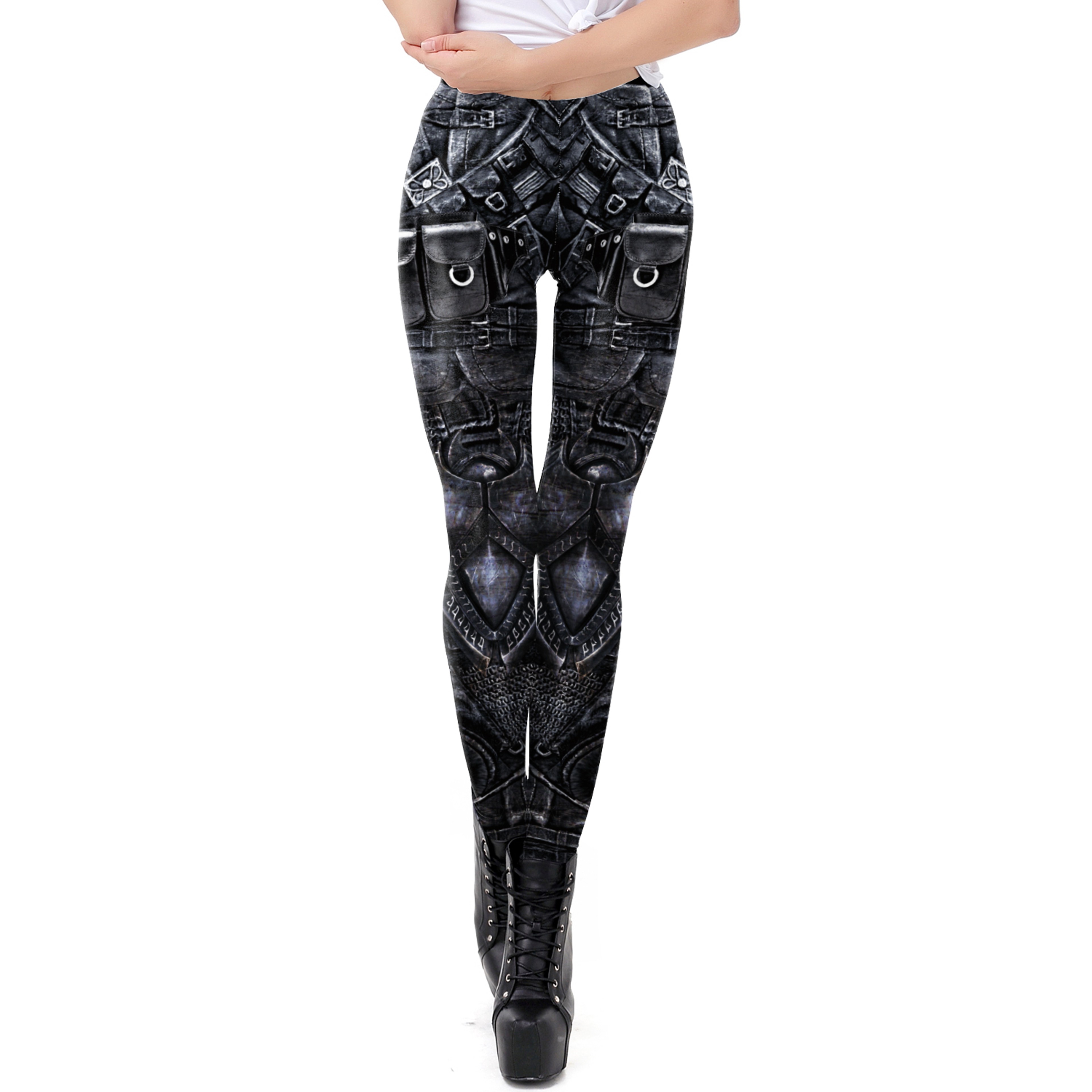 Womens Punk Skull Print Mid Calf Leggings With Stretch Fabric 8