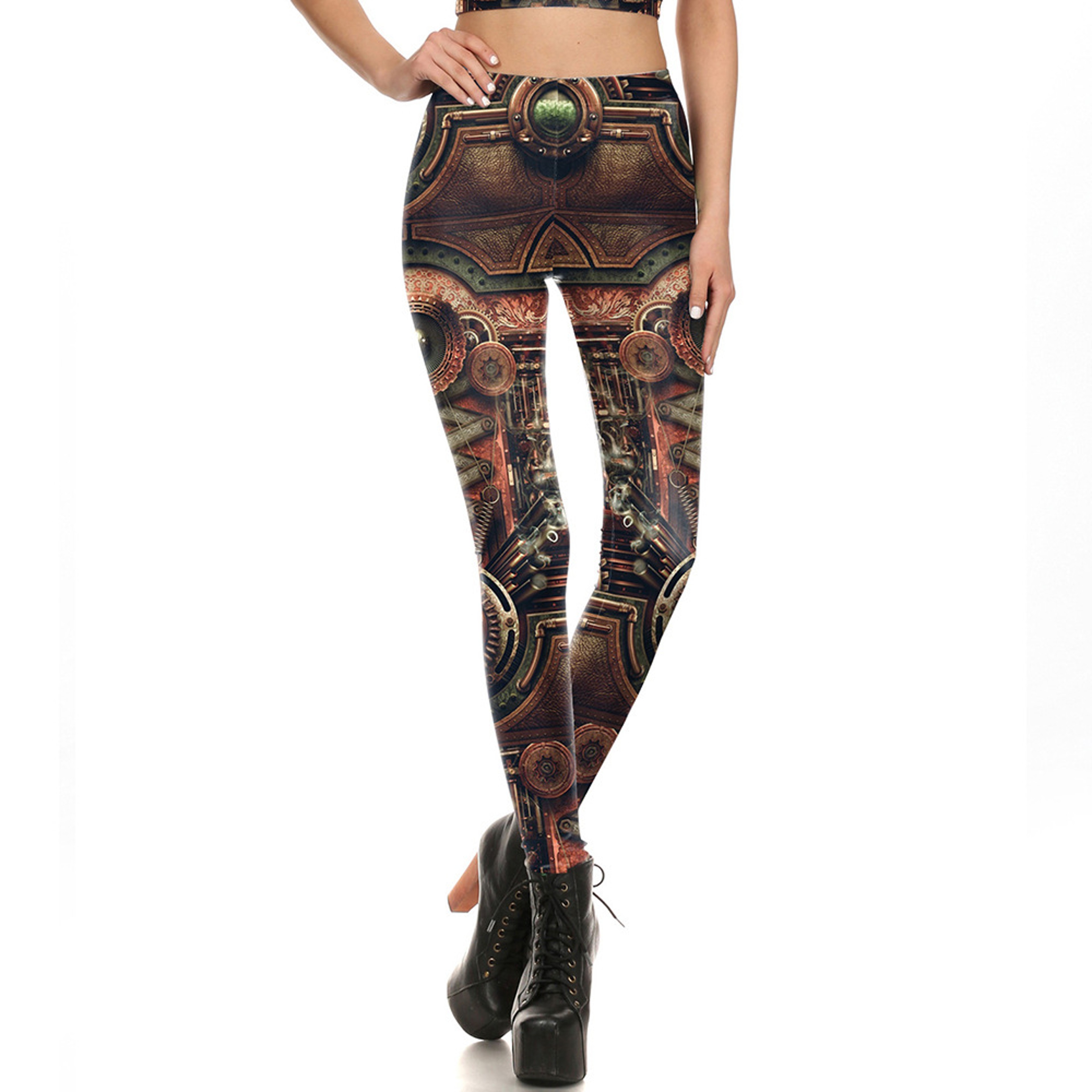 Womens Steampunk Gear Print Leggings with High Stretch Mid Waist Fit – view 7