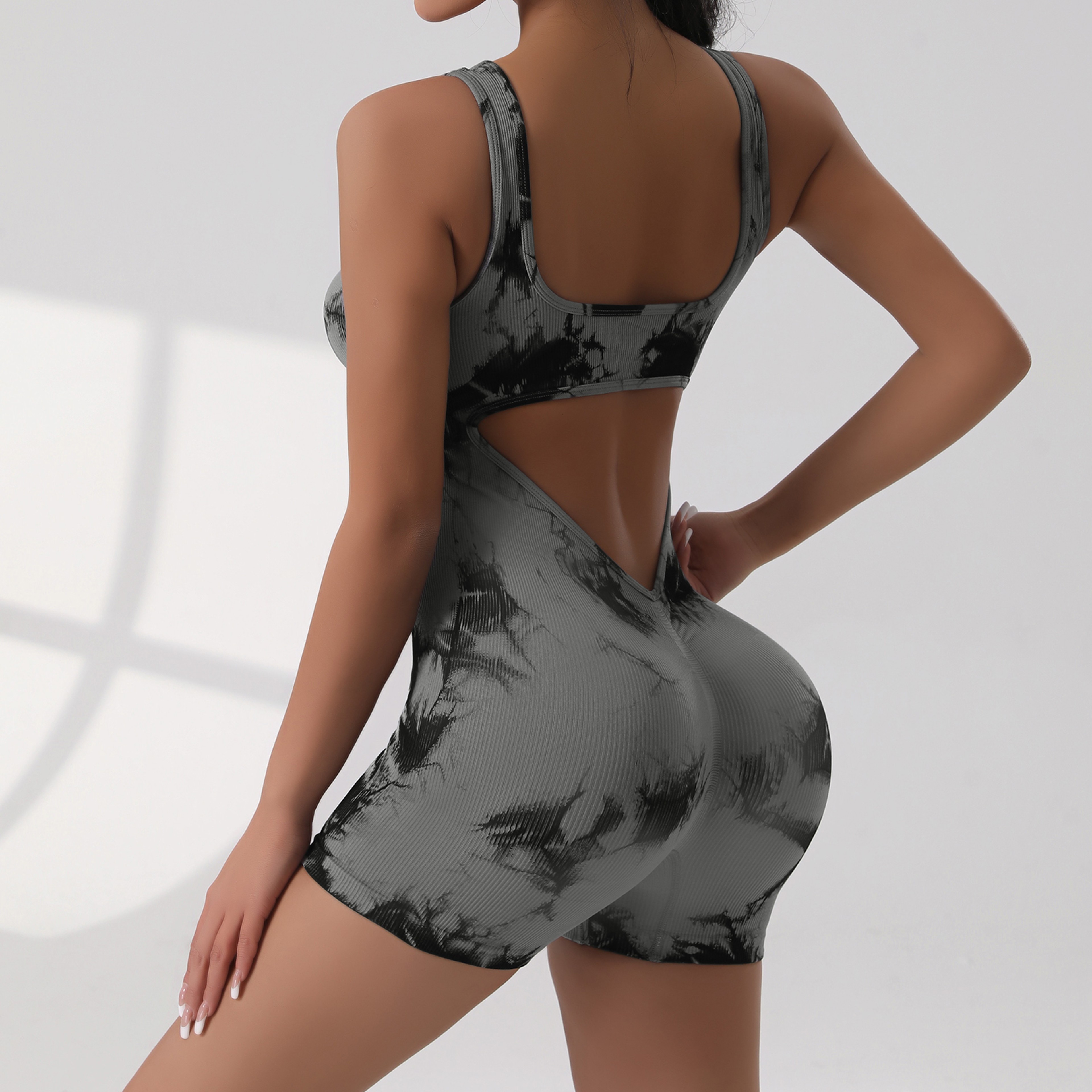 Womens V Shaped Cutout Waist Jumpsuit High Stretch Tie Dye Yoga Outfit – view 7